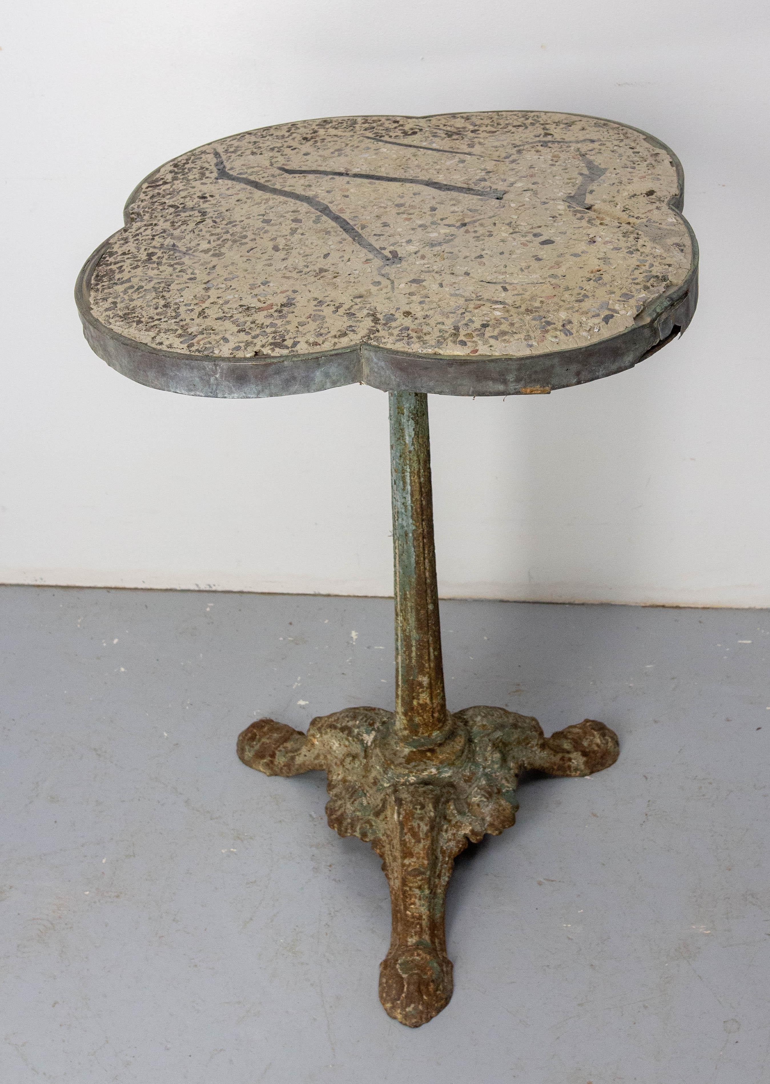 Art Nouveau French Bistro Guinguette Table Terrazzo Top & Wrought Iron Clover Shape, 1900