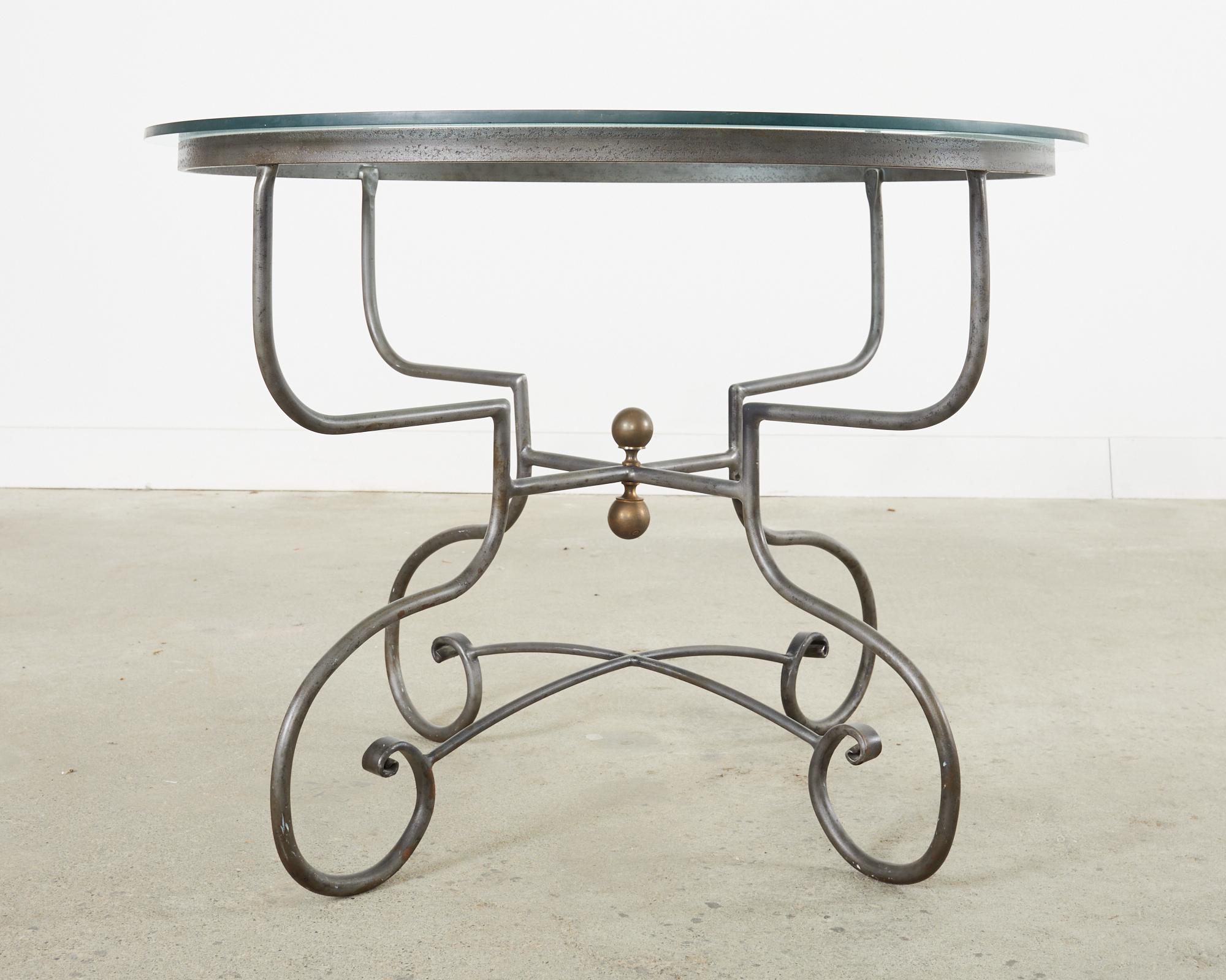Patinated French Bistro Style Round Iron Glass Garden Dining Table