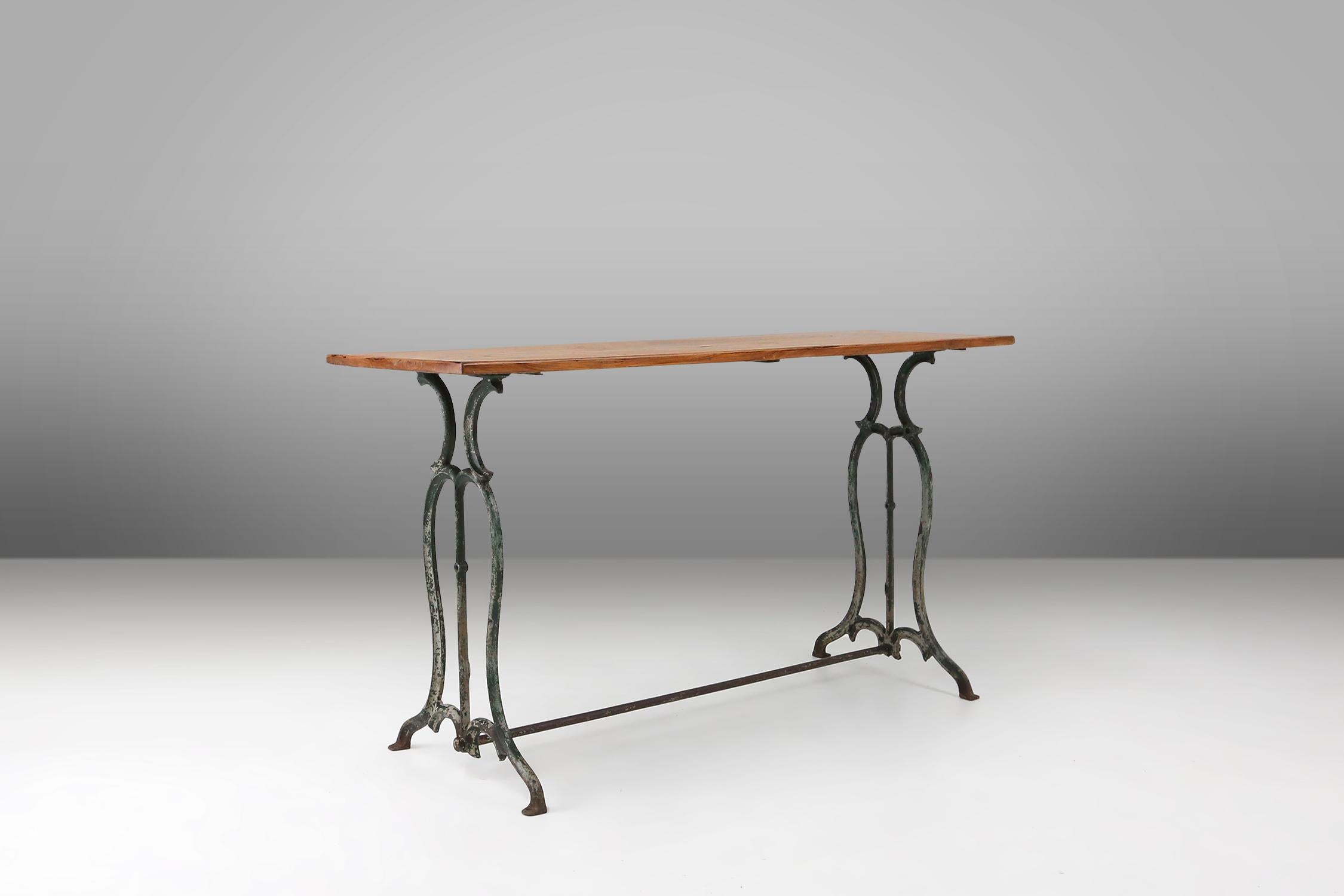 French bistro table with elegant metal base and oak top, ca. 1890 For Sale 7