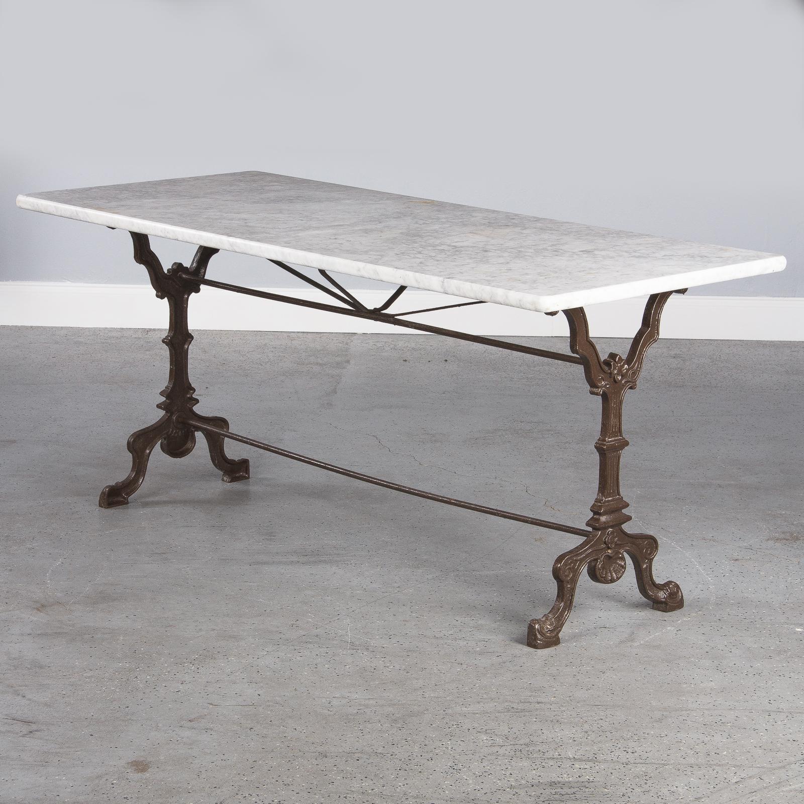 Industrial French Bistro Table with Iron Base and Marble Top, Early 1900s
