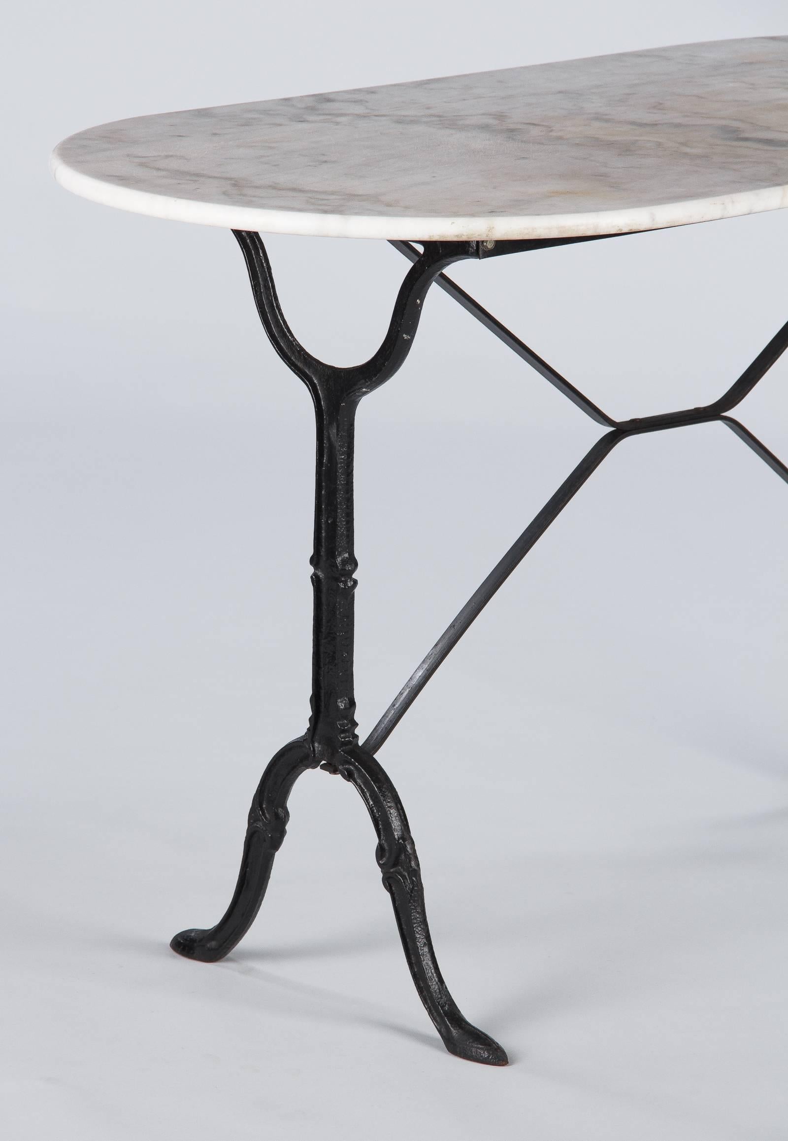 French Bistro Table with Iron Base and Oval Marble Top, 1940s 2