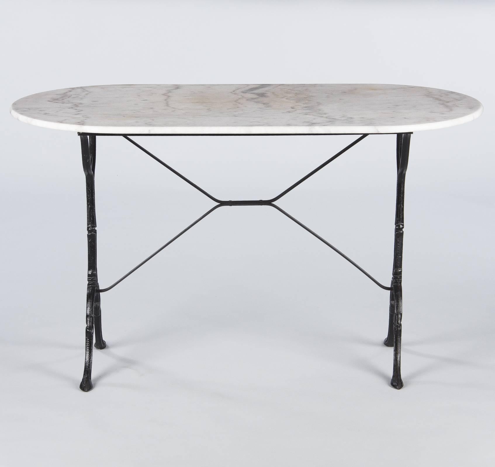 French Bistro Table with Iron Base and Oval Marble Top, 1940s 7