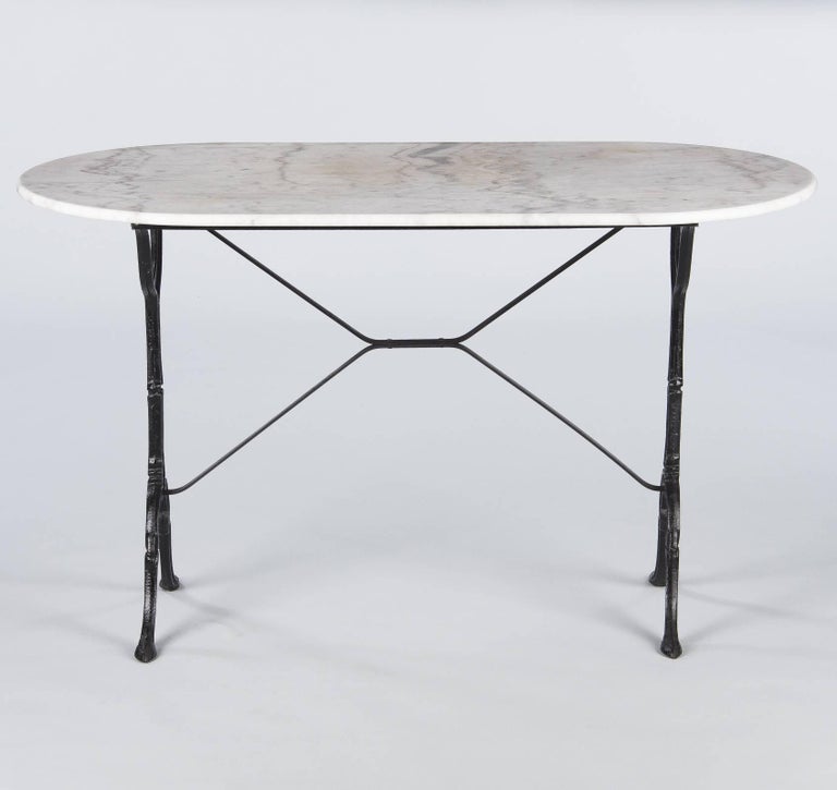 French Bistro Table with Iron Base and Oval Marble Top, 1940s at