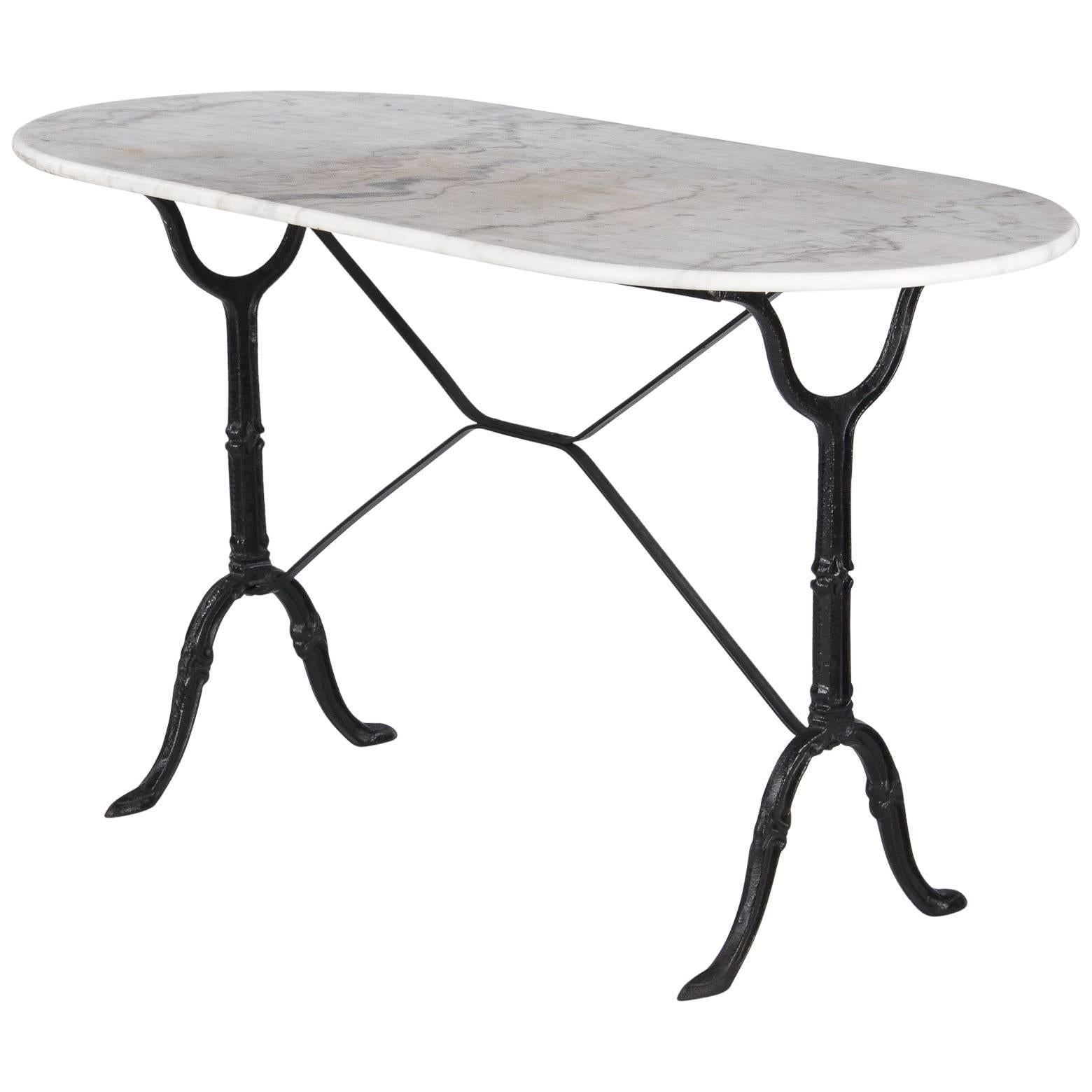 French Bistro Table with Iron Base and Oval Marble Top, 1940s