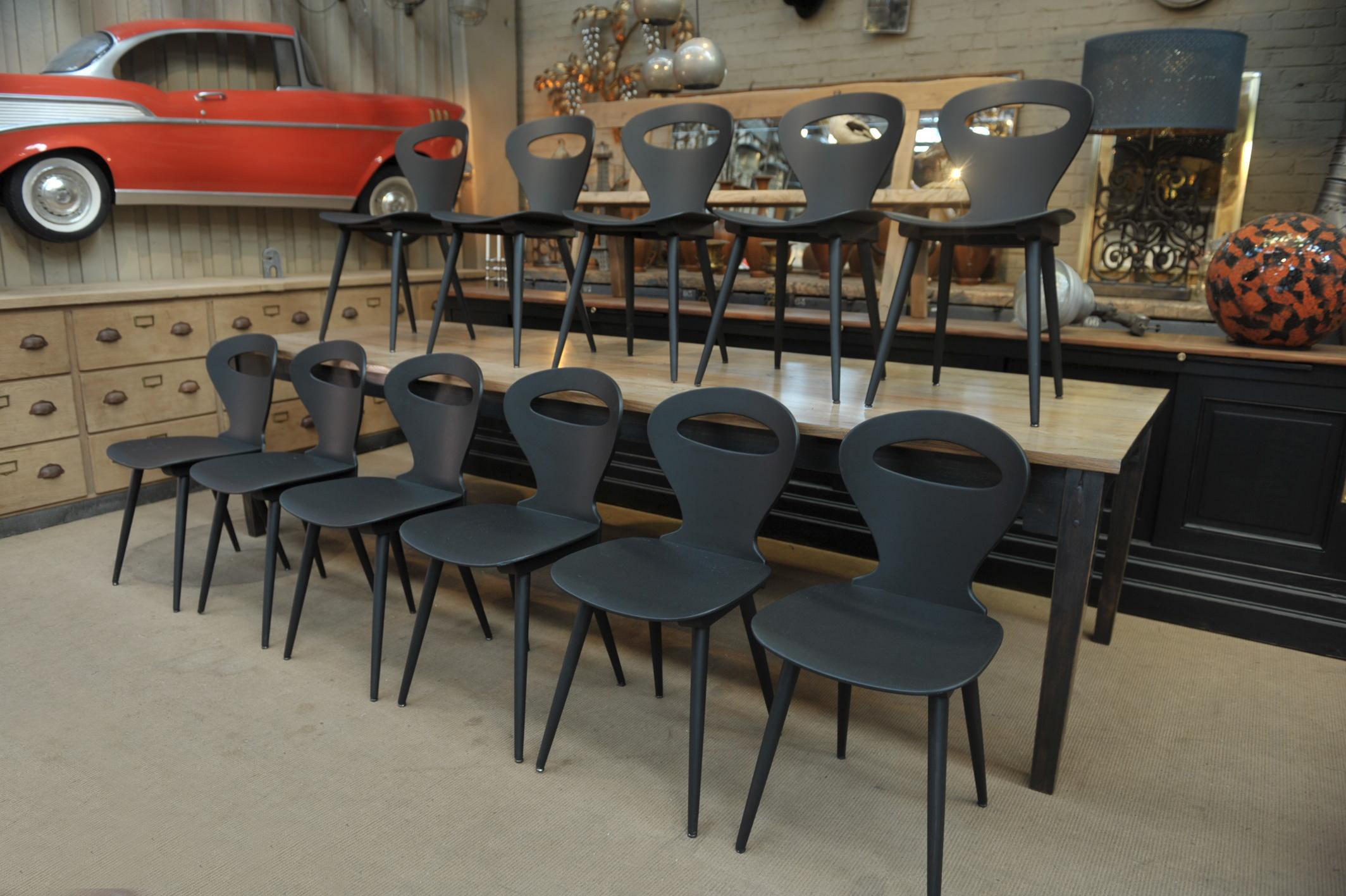 French Bistrot chairs by Baumann France in curved beechwood circa 1950 recent black patina.