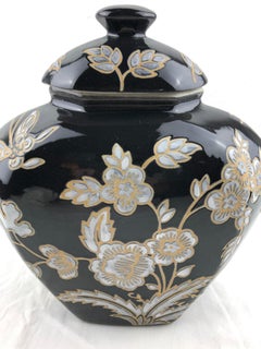 French Black and Antique White Majolica Lidded Jar with Molded Floral Decor
