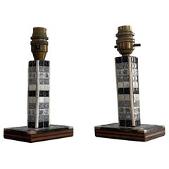 French Black and White Mosaic Ceramic Pair of Table Lamps, 1950s, France
