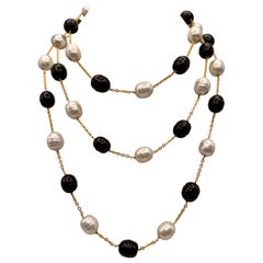 French Black and White "pate de verre" Glass Pearl Gilt Necklace