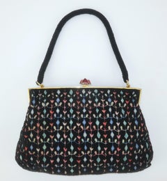 French Black Beaded Handbag With Floral Embroidery, 1950's