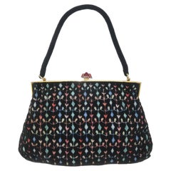 French Black Beaded Handbag With Floral Embroidery, 1950's