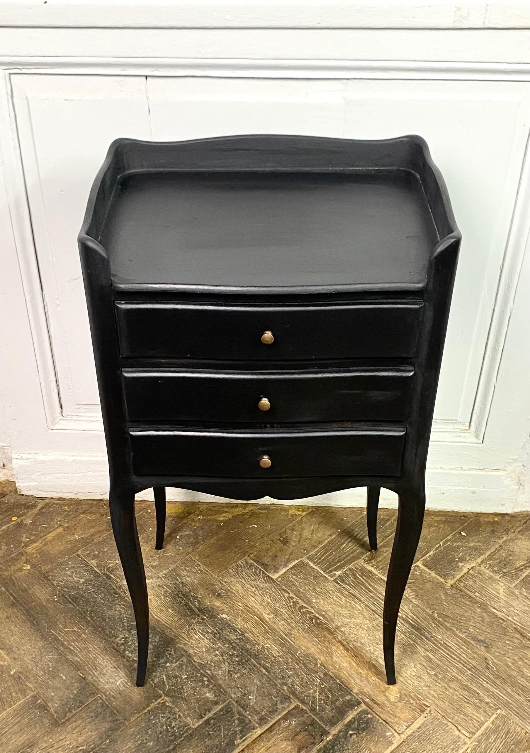 Painted French Black Bedside Table Night stand Louis XV Style Three Drawers XXth France For Sale