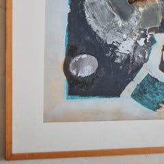 Französisches gerahmtes abstraktes Gemälde in Schwarz + Blau, 1960er Jahre
