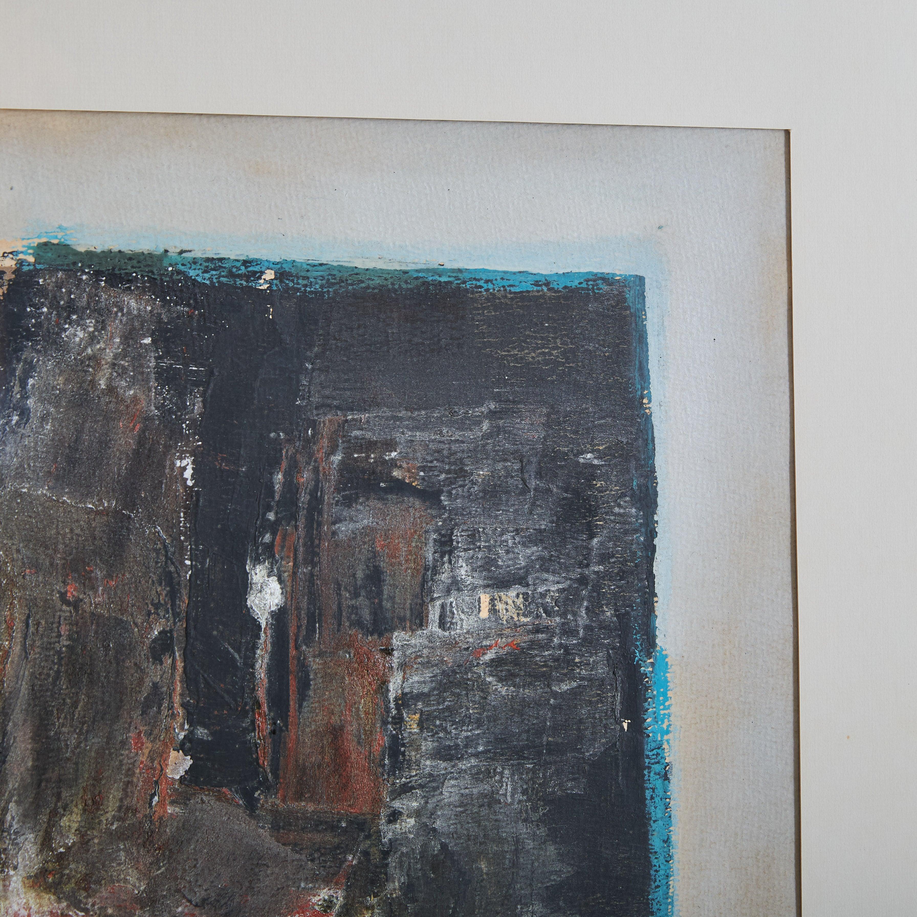 Französisches gerahmtes abstraktes Gemälde in Schwarz + Blau, 1960er Jahre (Moderne der Mitte des Jahrhunderts) im Angebot