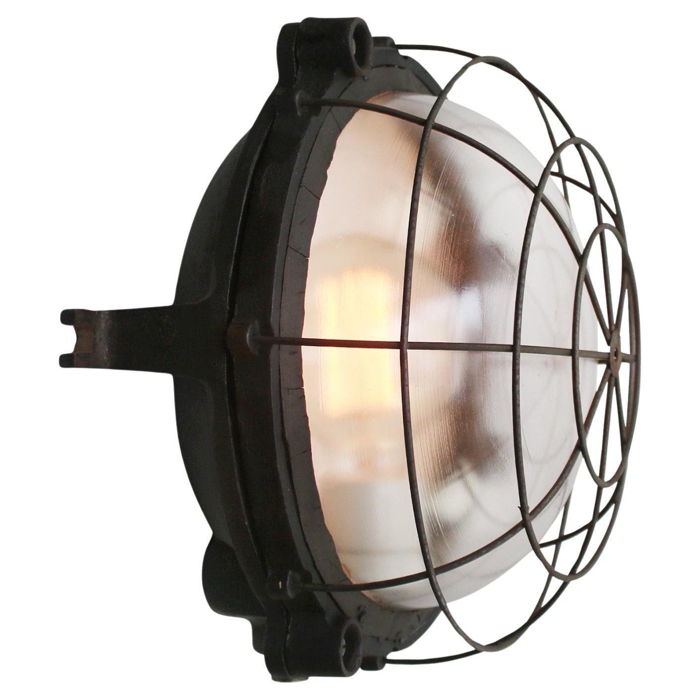 French Black Cast Iron Vintage Industrial Glass Sconces Wall Lights By GAL