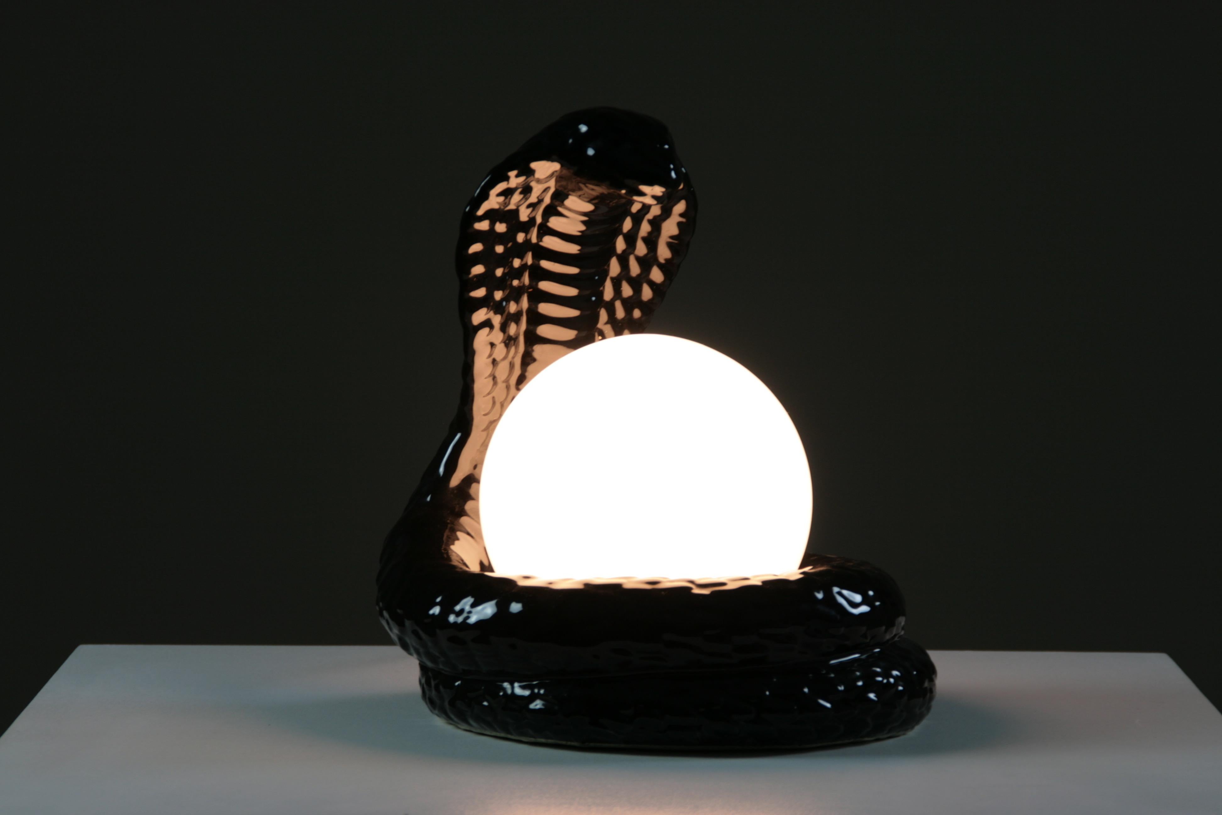 French Black Ceramic Cobra Table Lamp, 1980s For Sale 6