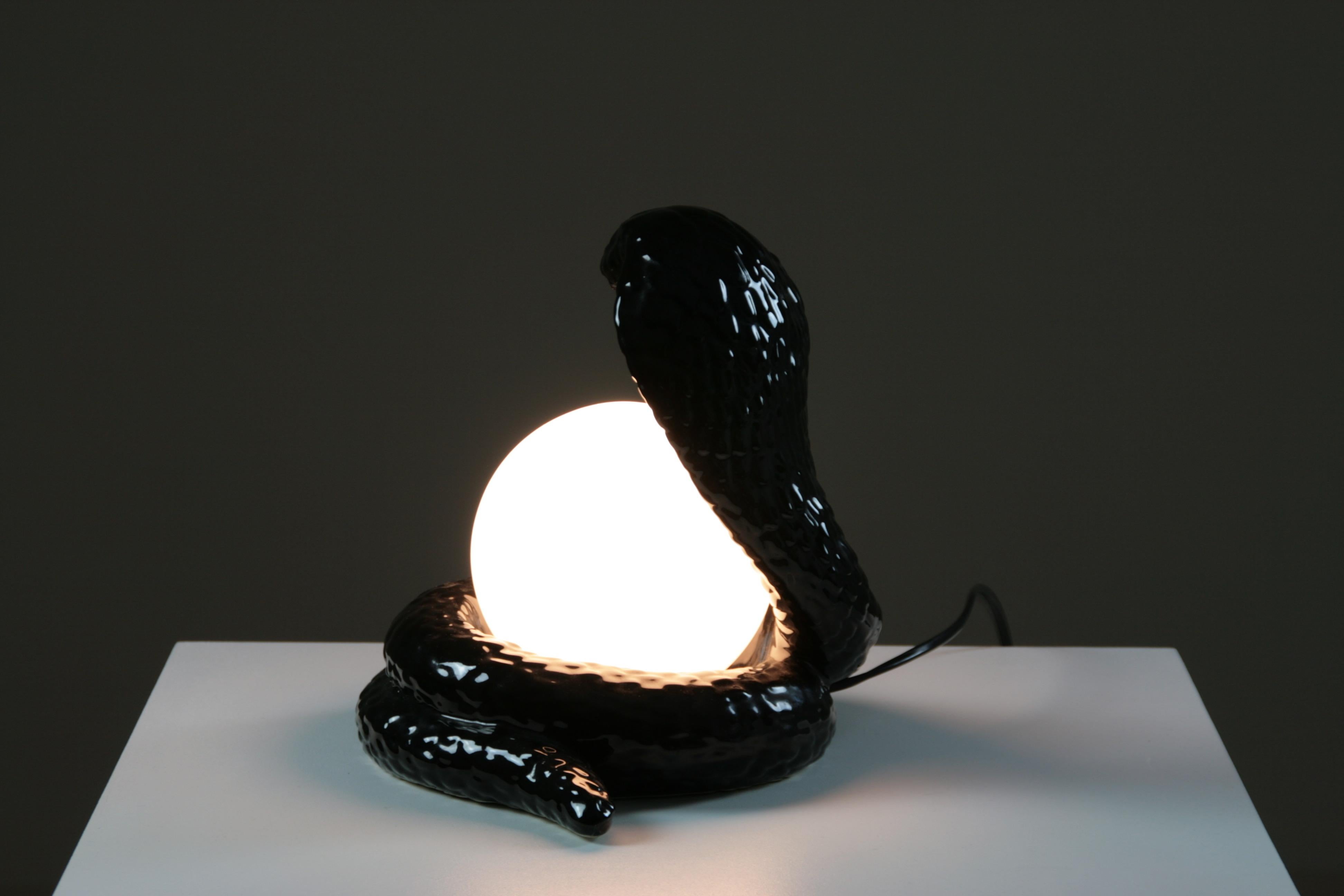 French Black Ceramic Cobra Table Lamp, 1980s For Sale 8