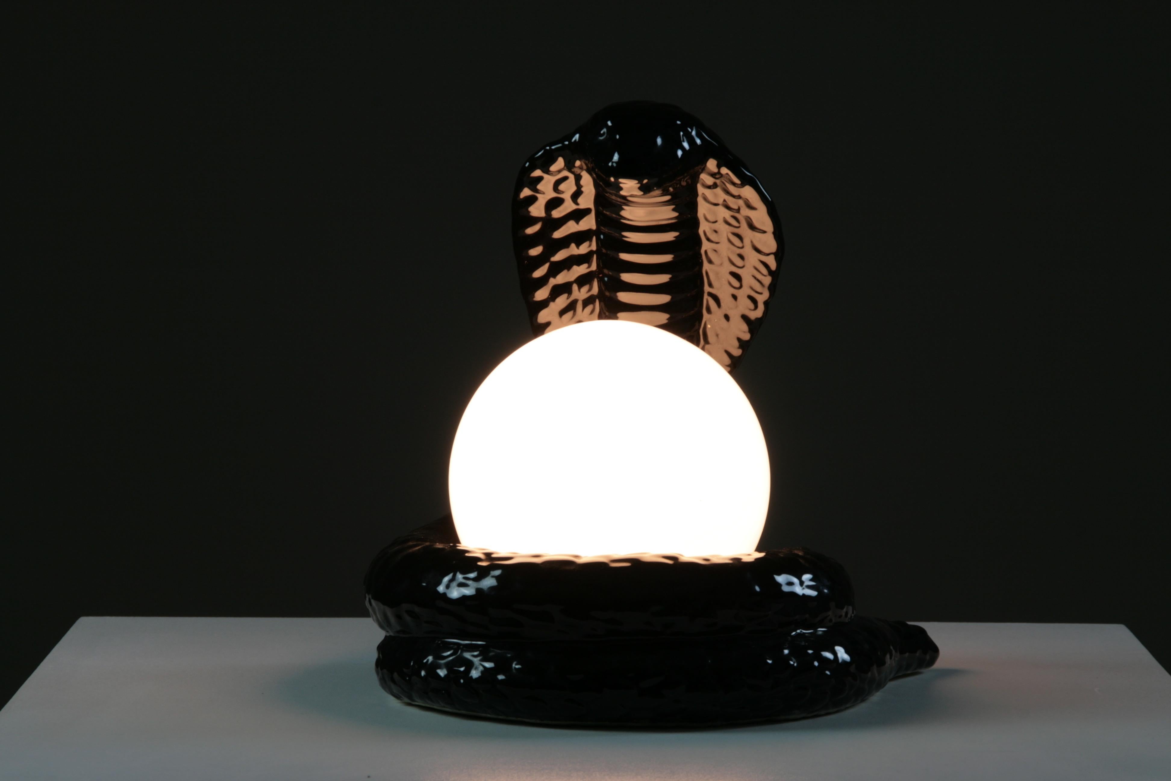 French Black Ceramic Cobra Table Lamp, 1980s For Sale 9