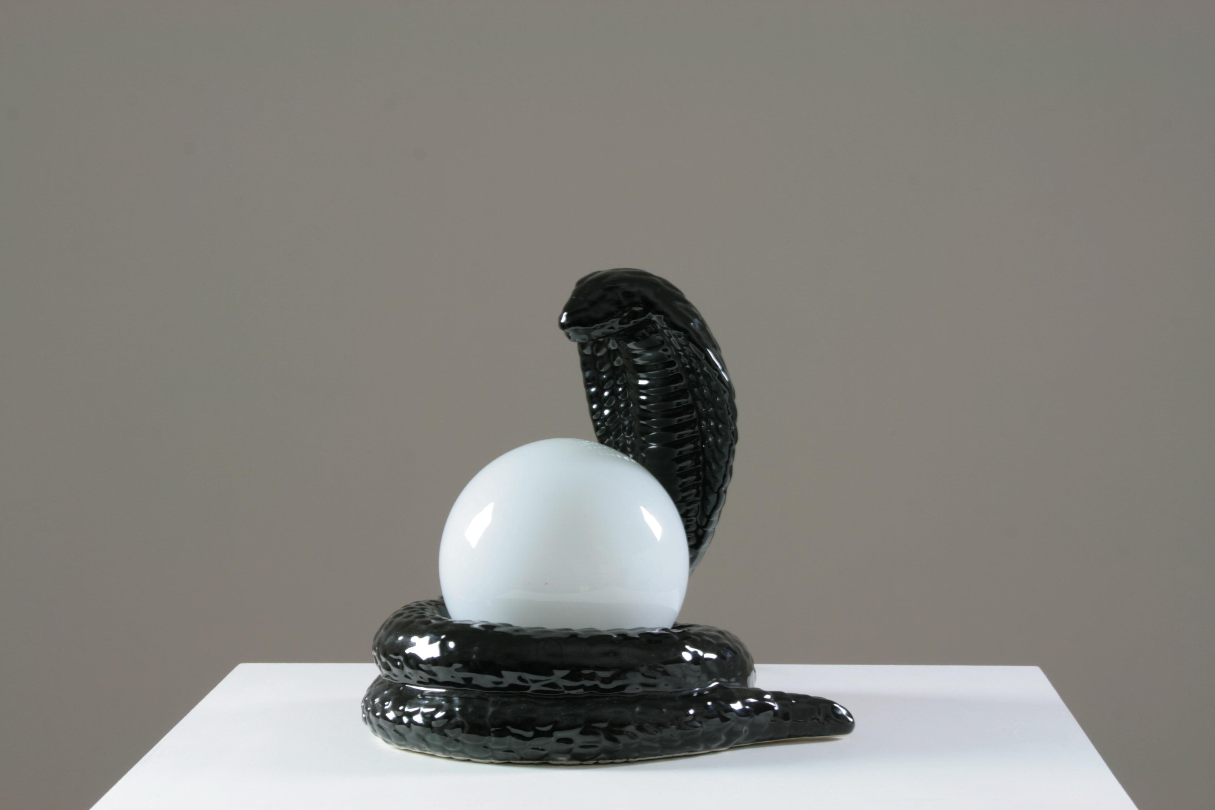 French Black Ceramic Cobra Table Lamp, 1980s For Sale 4