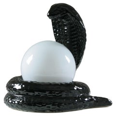 Used French Black Ceramic Cobra Table Lamp, 1980s