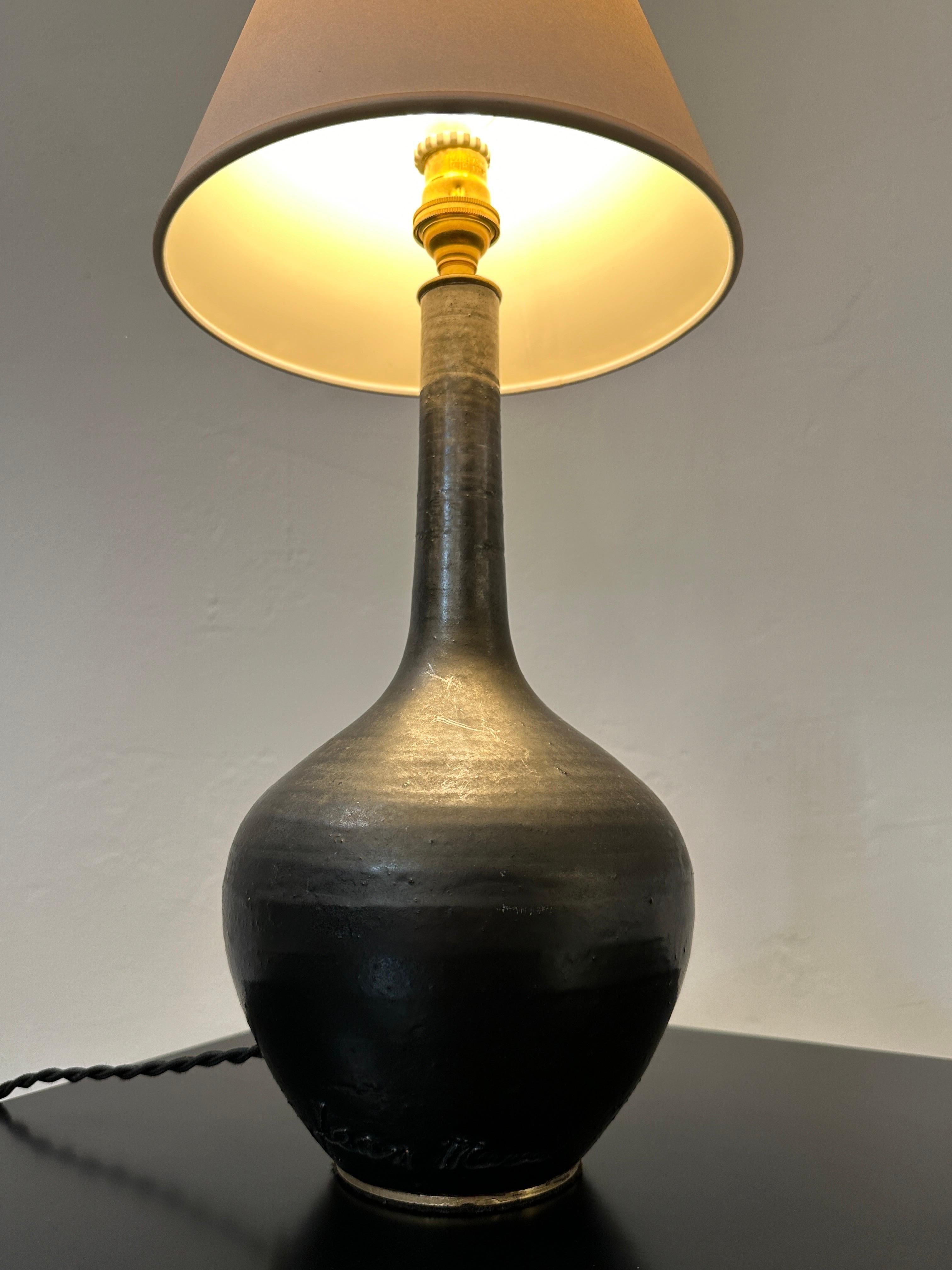 French Black Ceramic Lamp by Jean Marais SIGNED In Good Condition For Sale In East Hampton, NY