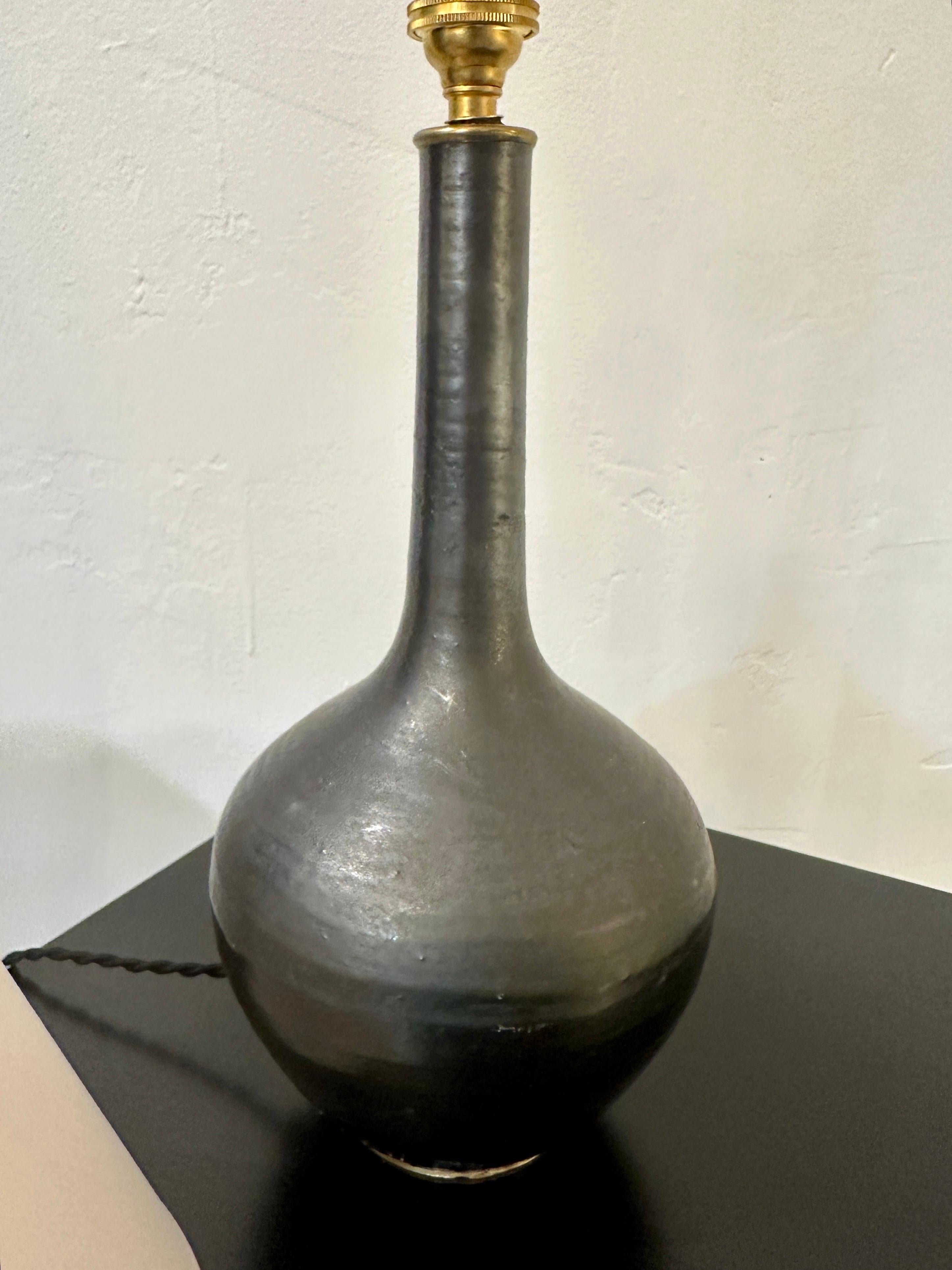 French Black Ceramic Lamp by Jean Marais SIGNED For Sale 1