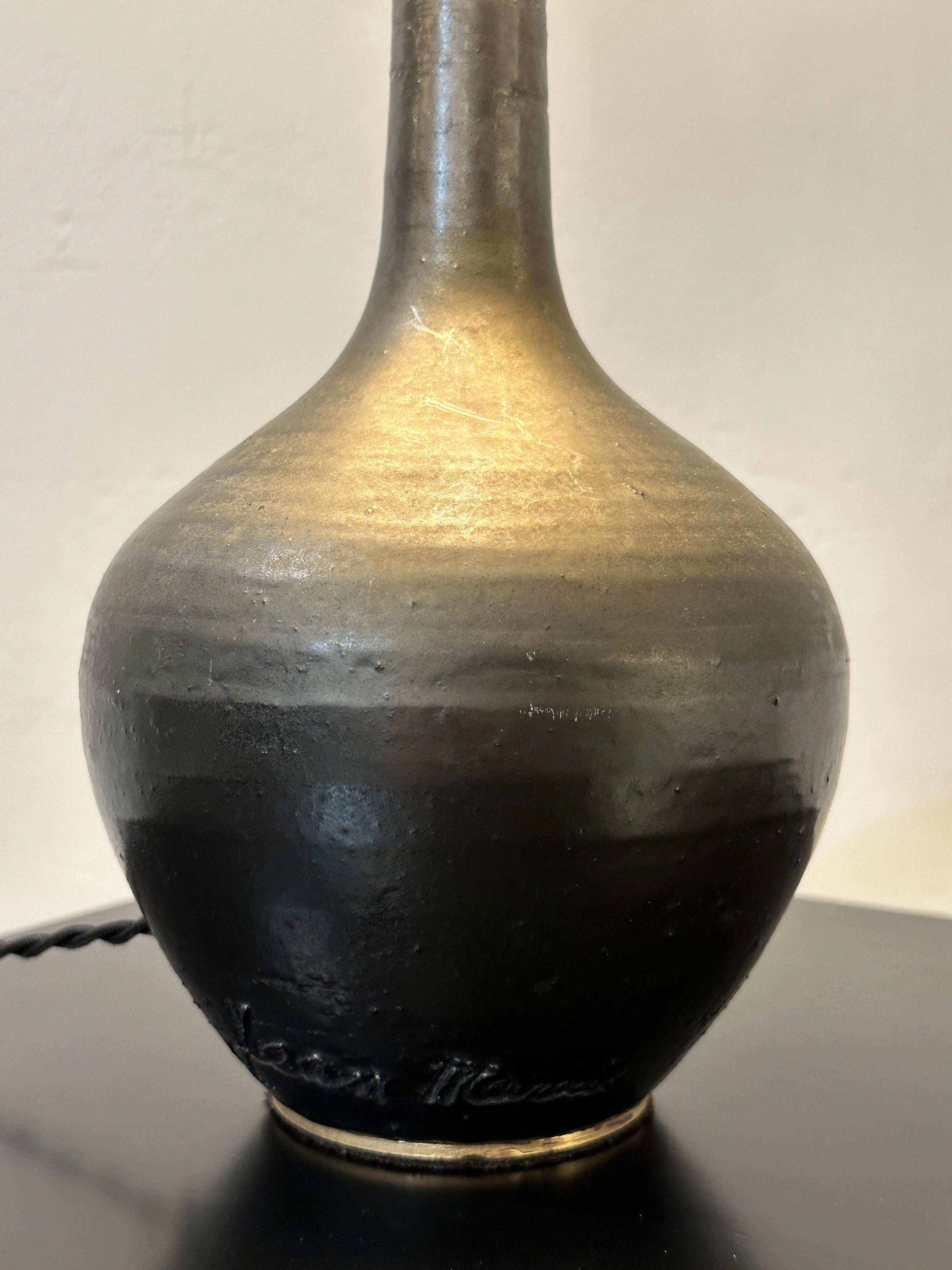 French Black Ceramic Lamp by Jean Marais SIGNED For Sale 2