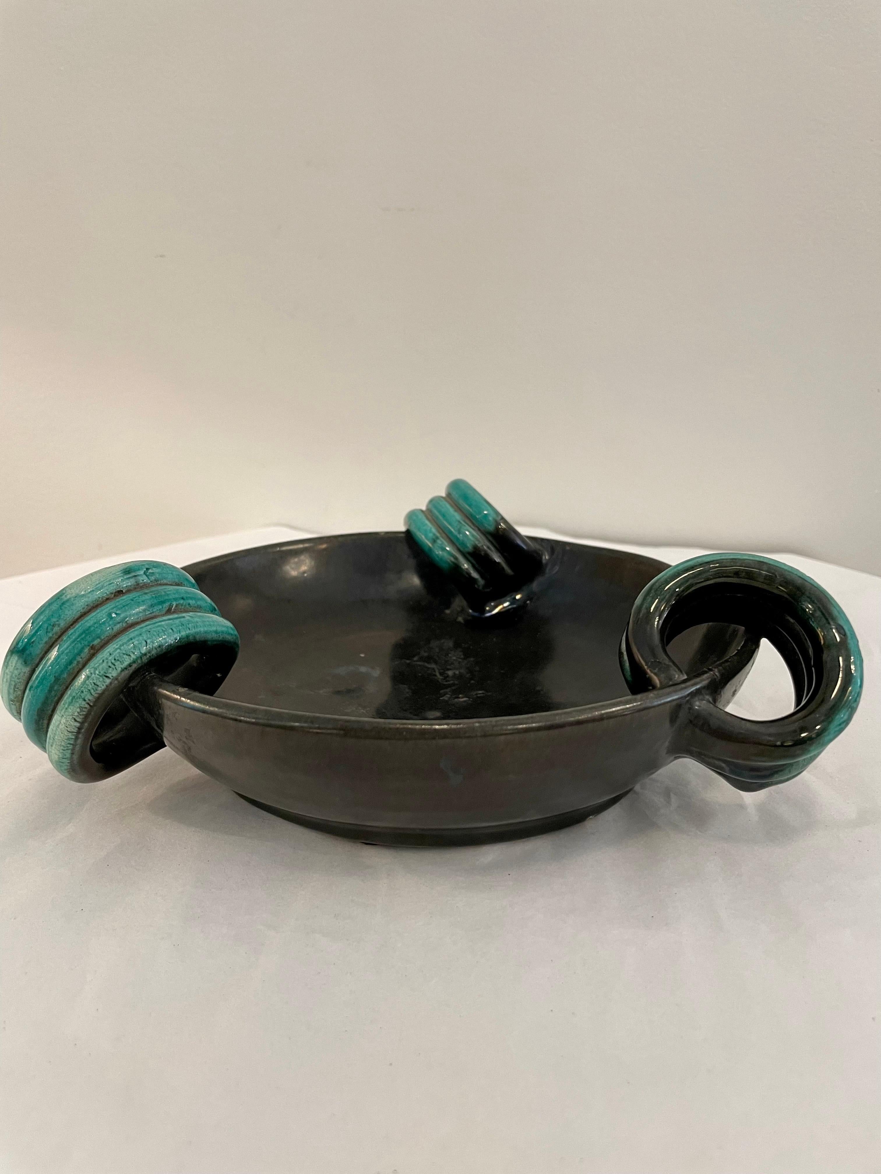 Glazed French Black Ceramic Mid-Century Bowl 'Signed'