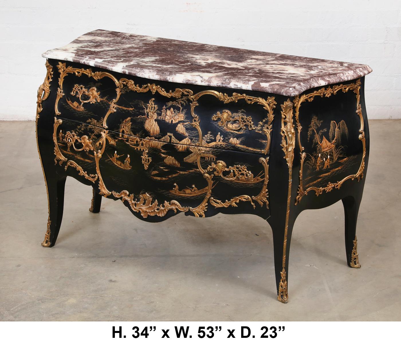 Imposing Louis XV style bronze mounted black Chinoiserie lacquered commode, mid 20th century
The beautiful purple and white serpentine fronted and moulded marble top is over bombe style commode with two long drawers, the front and sides are gilt