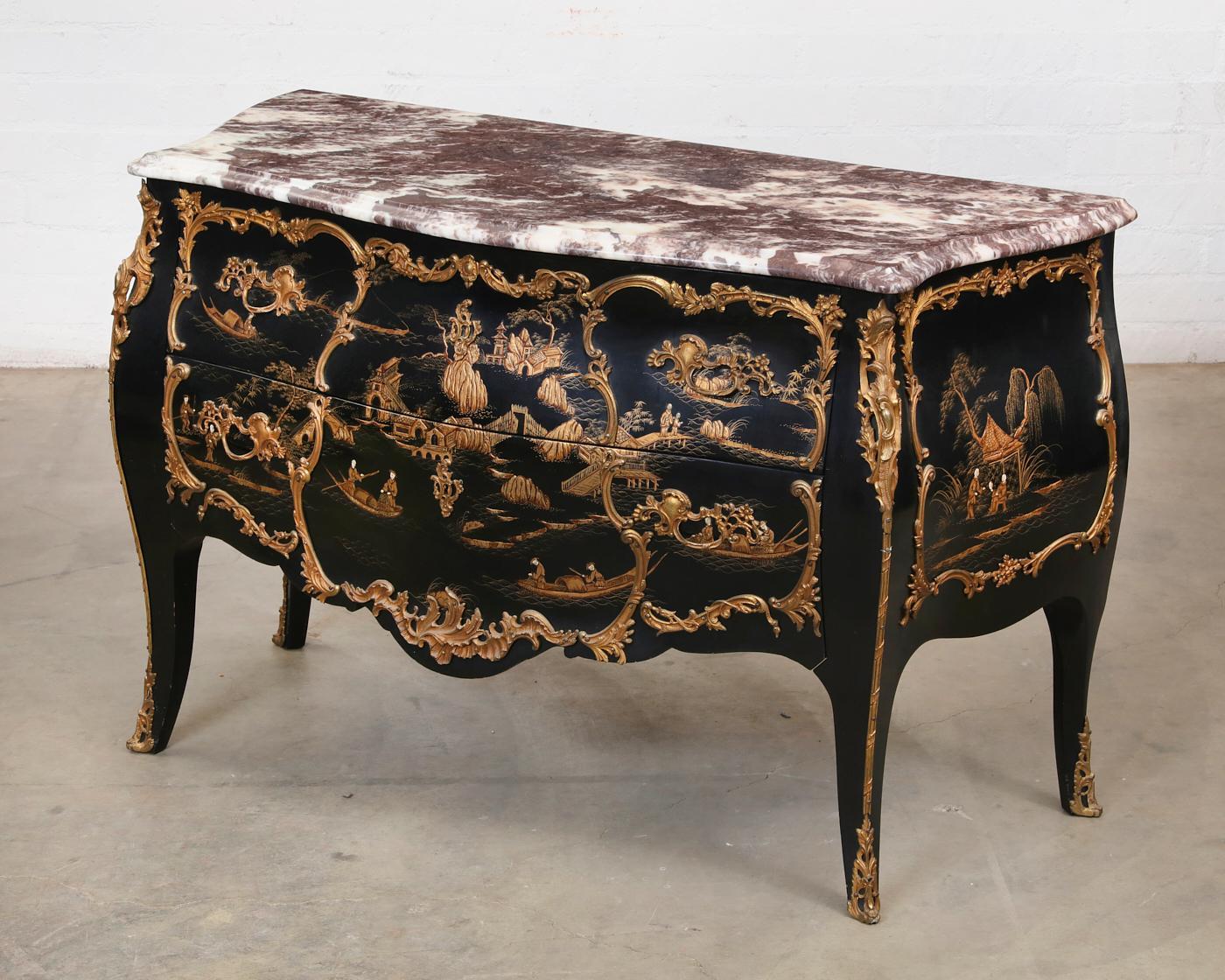 Hand-Crafted French Black Chinoiserie Commode with Marble Top, Louis XV Style