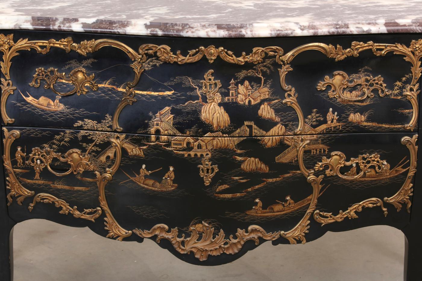 French Black Chinoiserie Commode with Marble Top, Louis XV Style In Good Condition In Cypress, CA