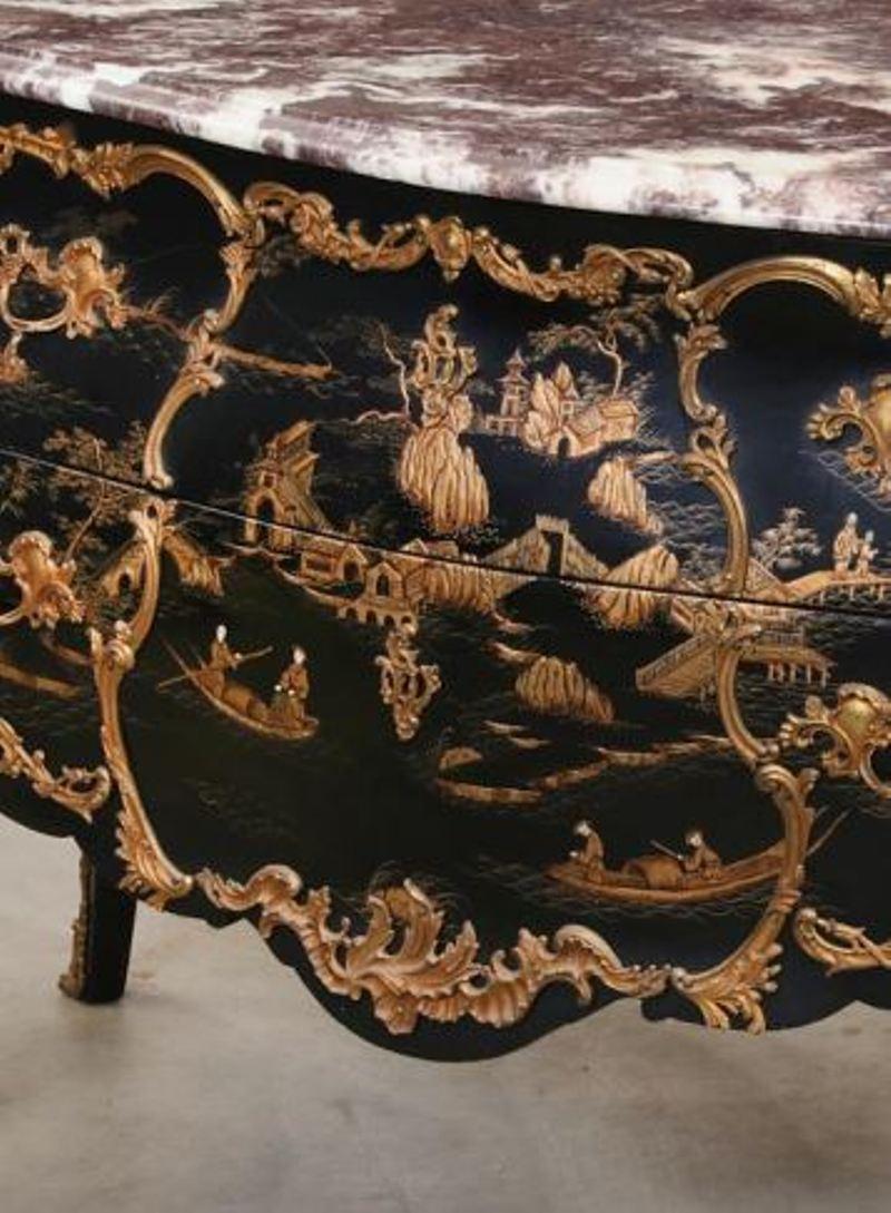 20th Century French Black Chinoiserie Commode with Marble Top, Louis XV Style