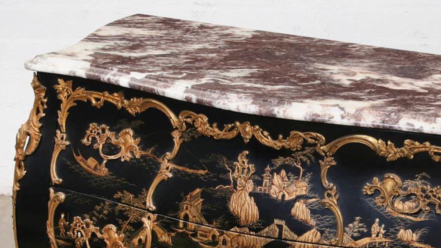 Bronze French Black Chinoiserie Commode with Marble Top, Louis XV Style