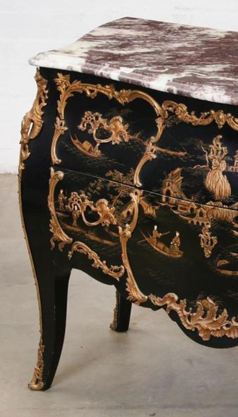 French Black Chinoiserie Commode with Marble Top, Louis XV Style 1