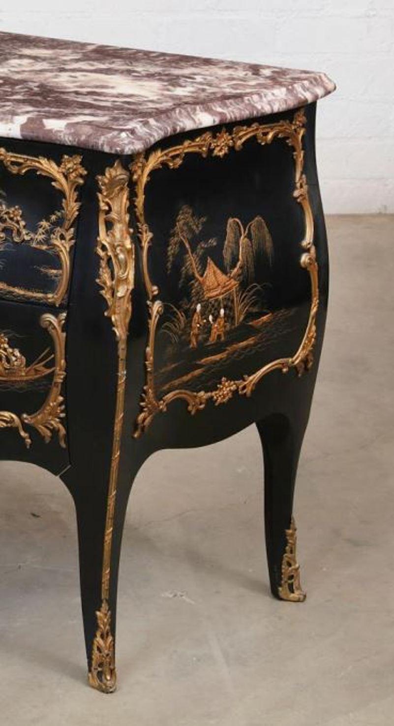 French Black Chinoiserie Commode with Marble Top, Louis XV Style 2