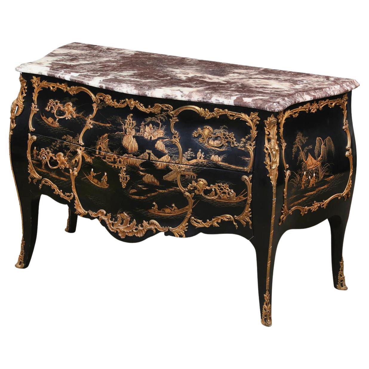 French Black Chinoiserie Commode with Marble Top, Louis XV Style
