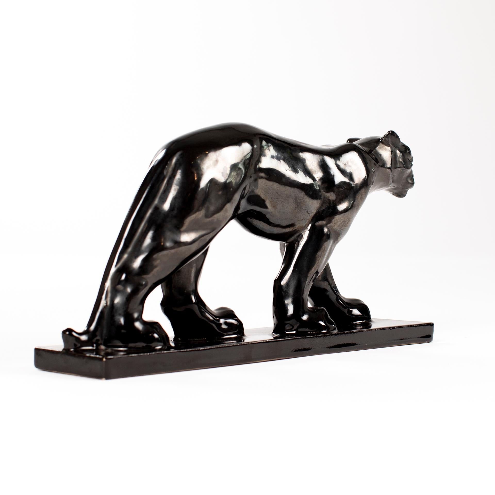 Ceramic French, Black Cubistic Shaped Art Déco Ceramique Panther Sculpture, 1930s
