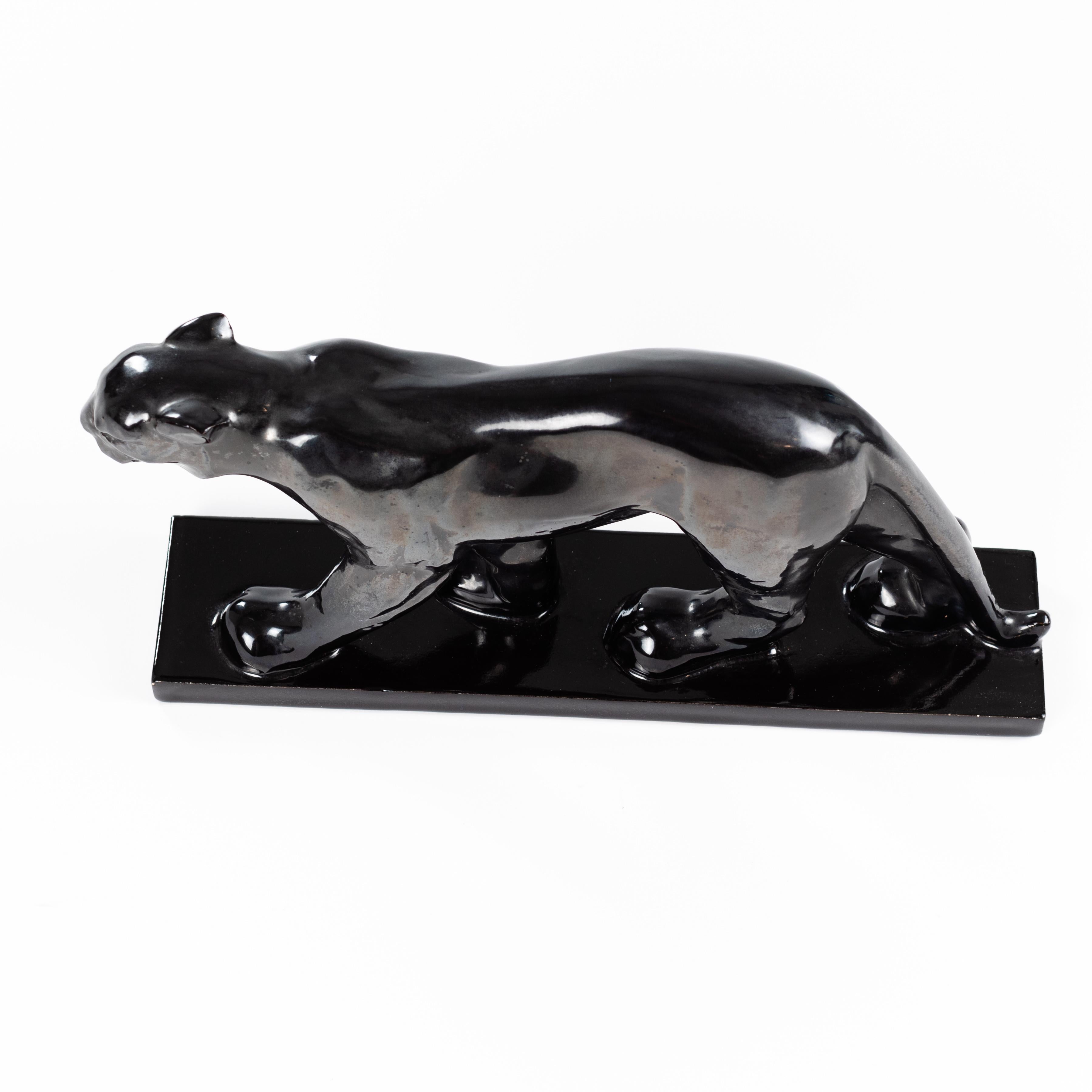 French, Black Cubistic Shaped Art Déco Ceramique Panther Sculpture, 1930s 1