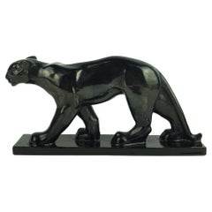 French, Black Cubistic Shaped Art Déco Ceramique Panther Sculpture, 1930s