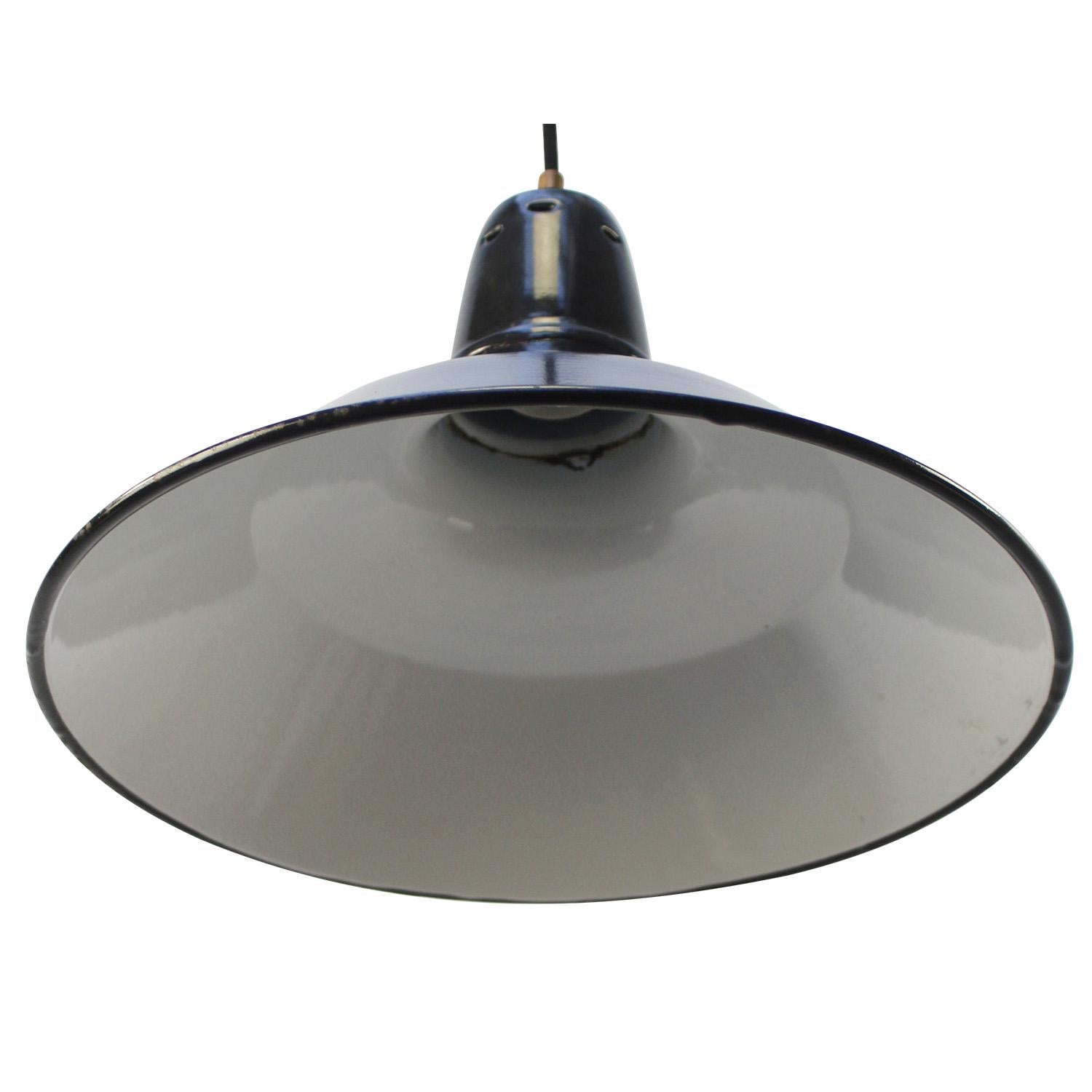 French Black Dark Blue Enamel Vintage Industrial Pendant Lights In Good Condition For Sale In Amsterdam, NL