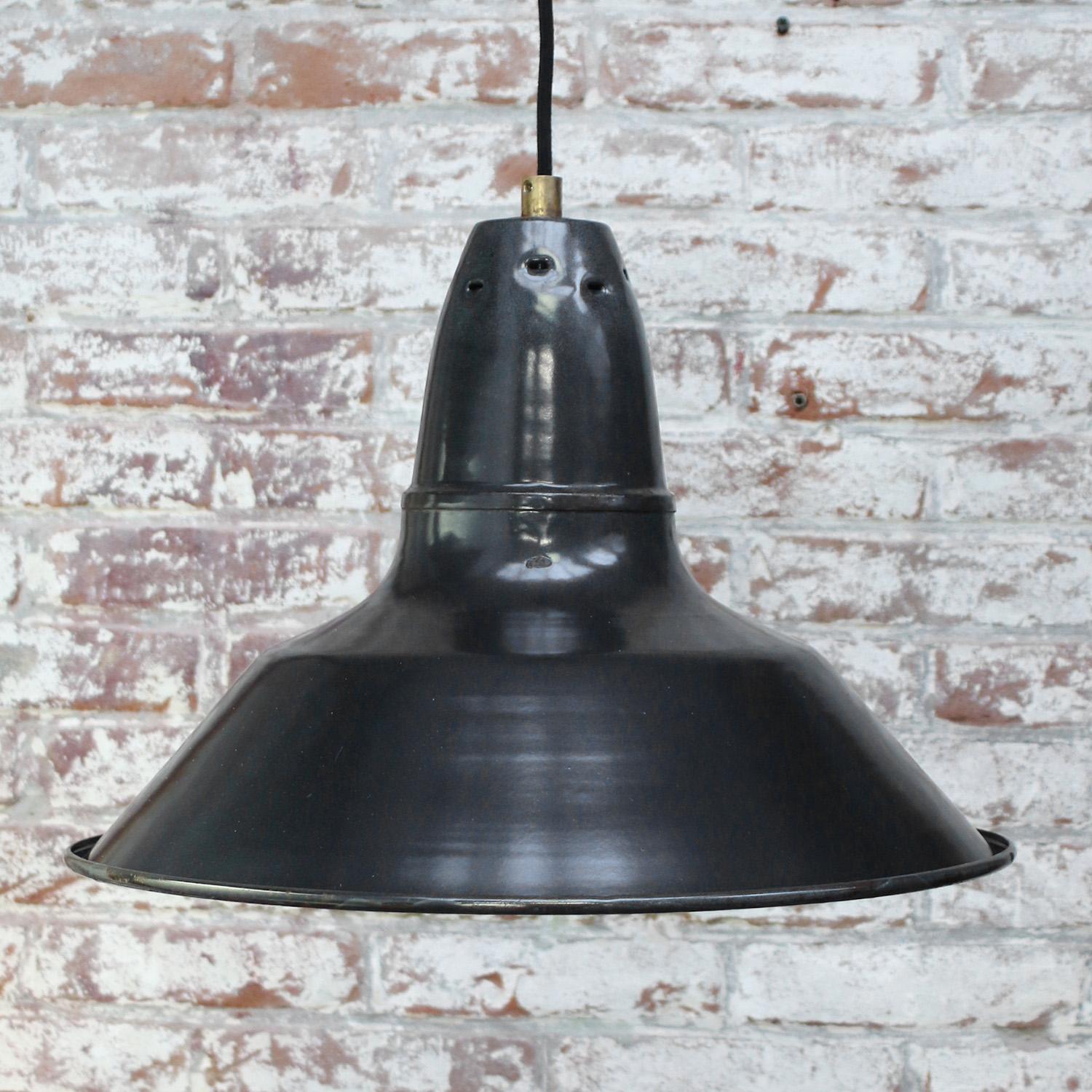 20th Century French Black Dark Gray Enamel Vintage Industrial Pendant Lights For Sale
