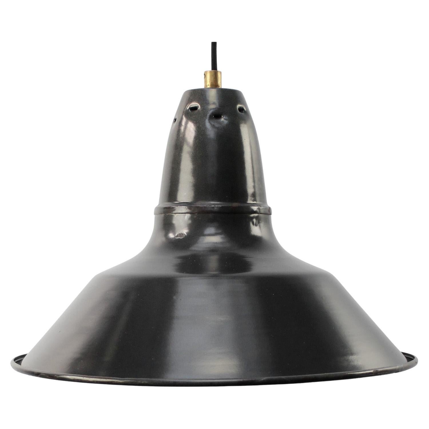 French Black Dark Gray Enamel Vintage Industrial Pendant Lights For Sale