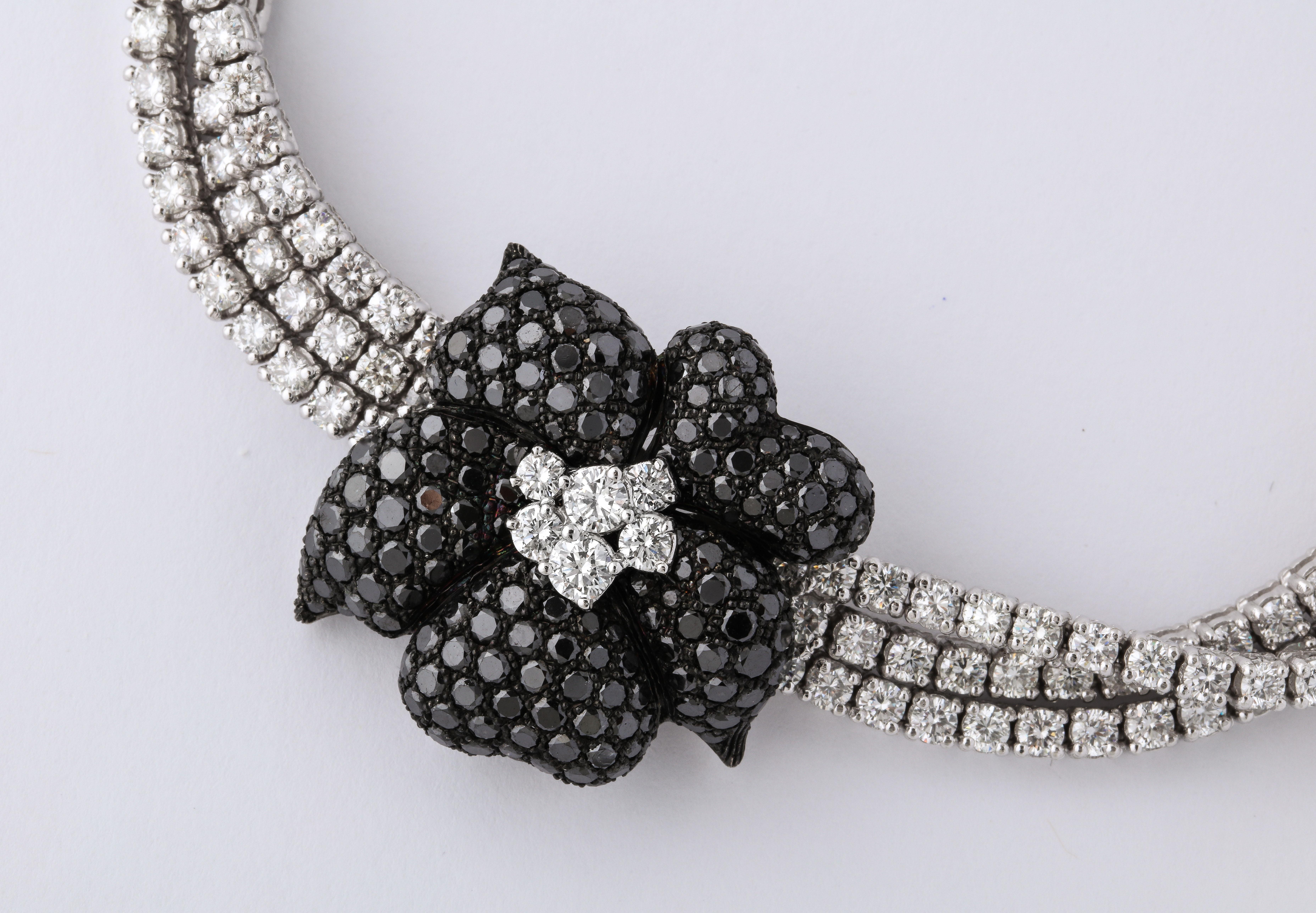 Modern French Black Diamond Flower Triple White Diamond Riviere Necklace
