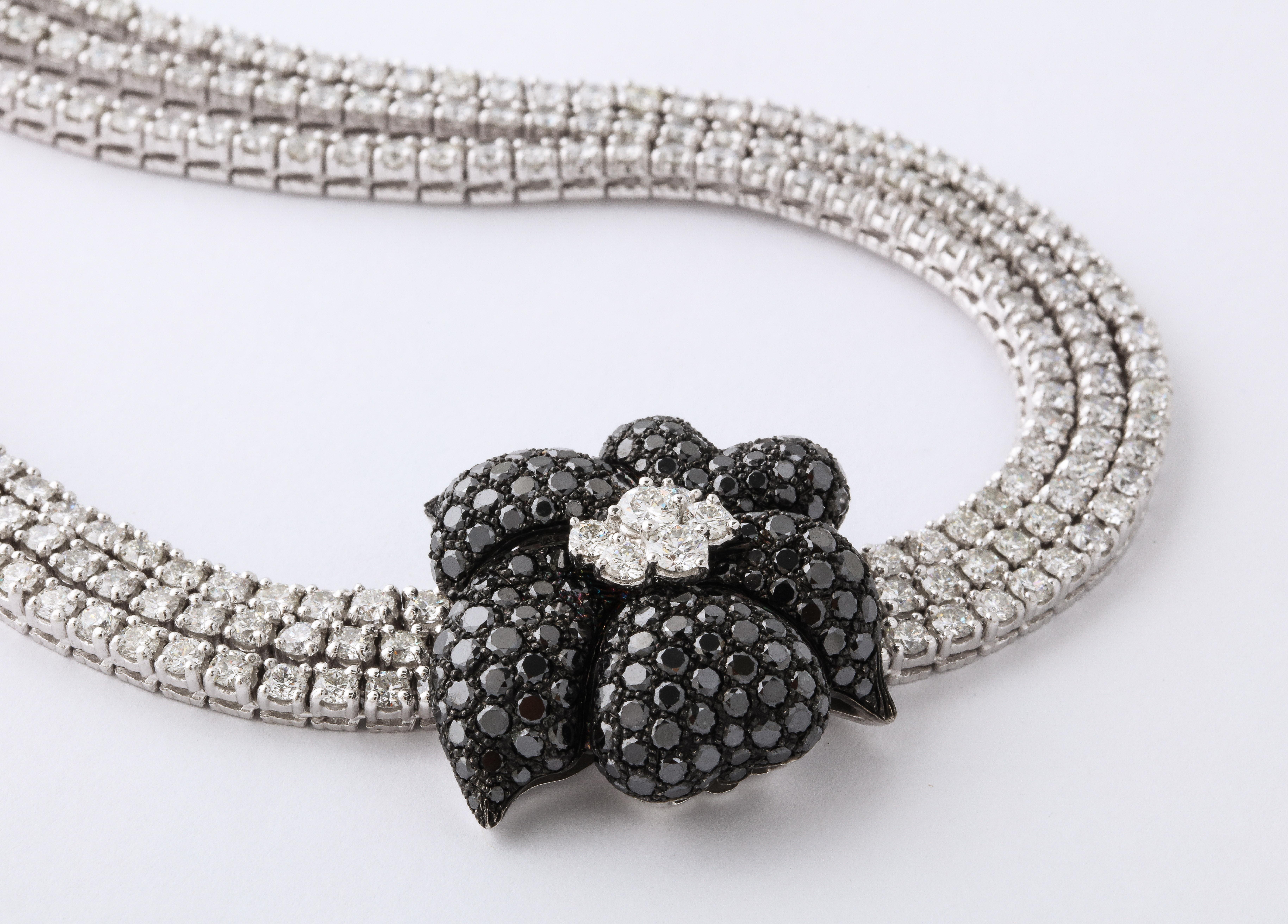 French Black Diamond Flower Triple White Diamond Riviere Necklace In Excellent Condition In Bal Harbour, FL