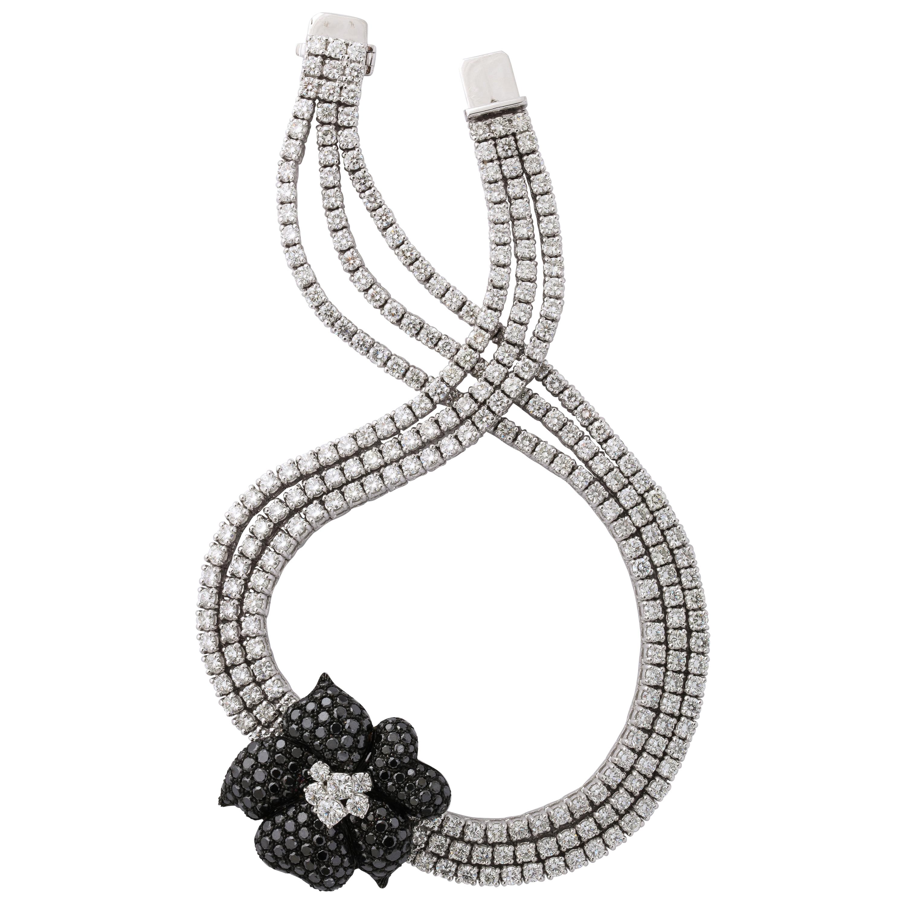 French Black Diamond Flower Triple White Diamond Riviere Necklace