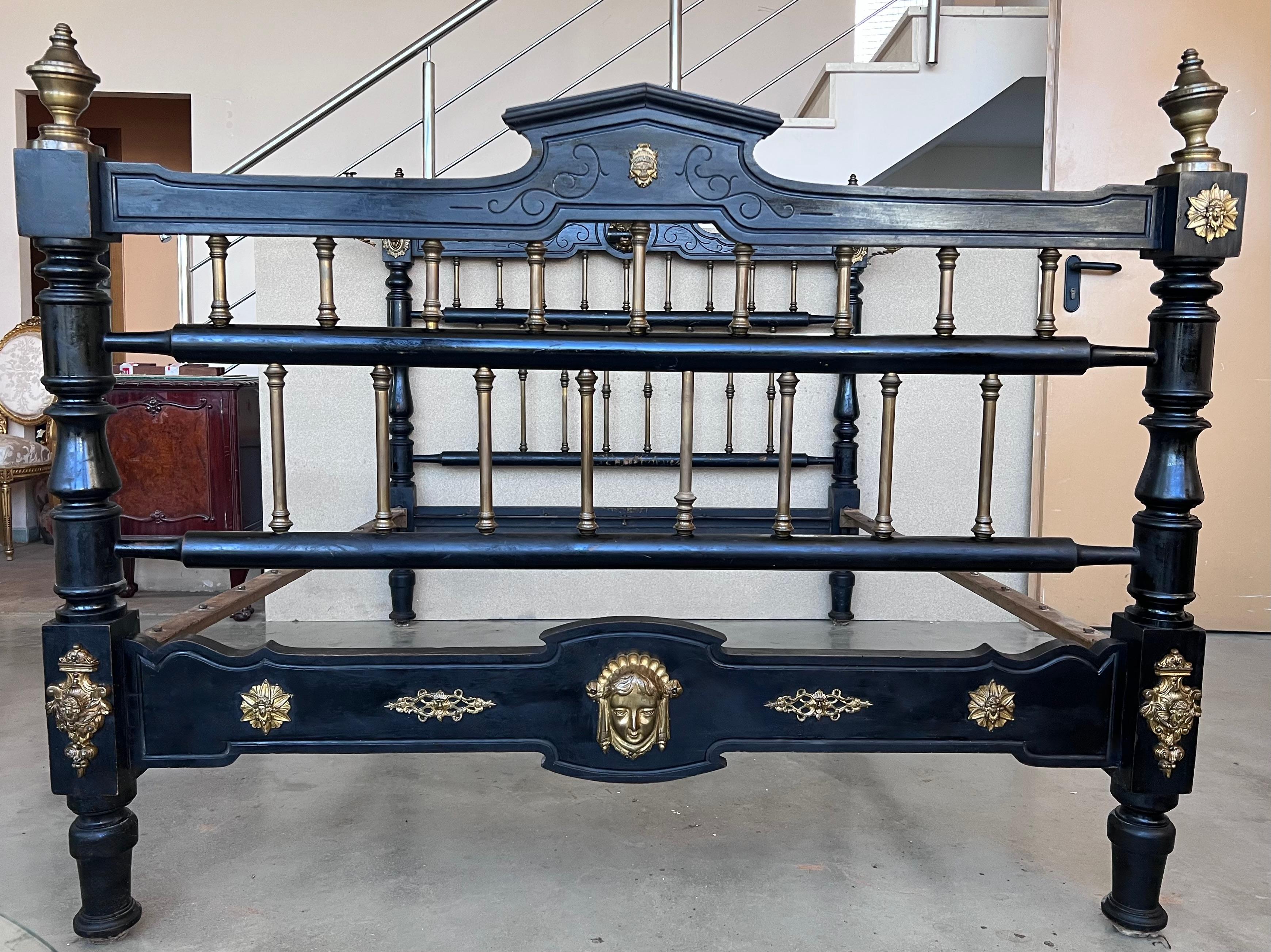 French Black Ebonized Bed with Bronze Mounts and Candle Holder , Signed.

Incredible Full Double Bed with Black Ebonized finished and high quality bronzes. 
This bed has a candle holder in each side of the bed, in the period the bed was made it