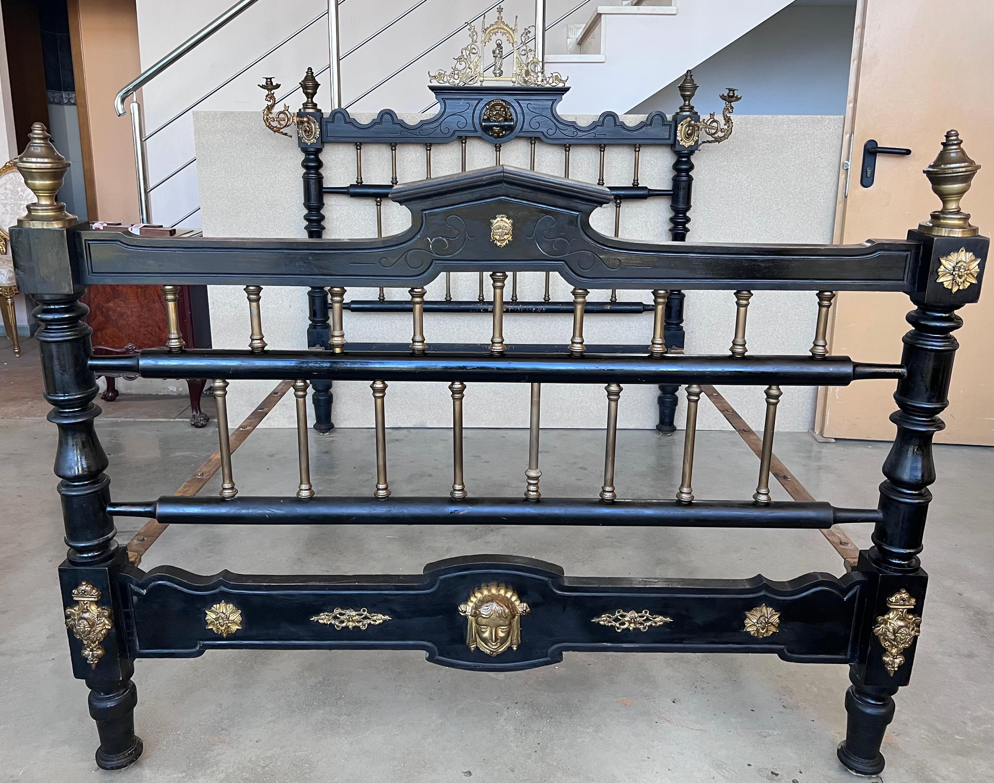 Renaissance French Black Ebonized Bed with Bronze Mounts and Candle Holder , Signed