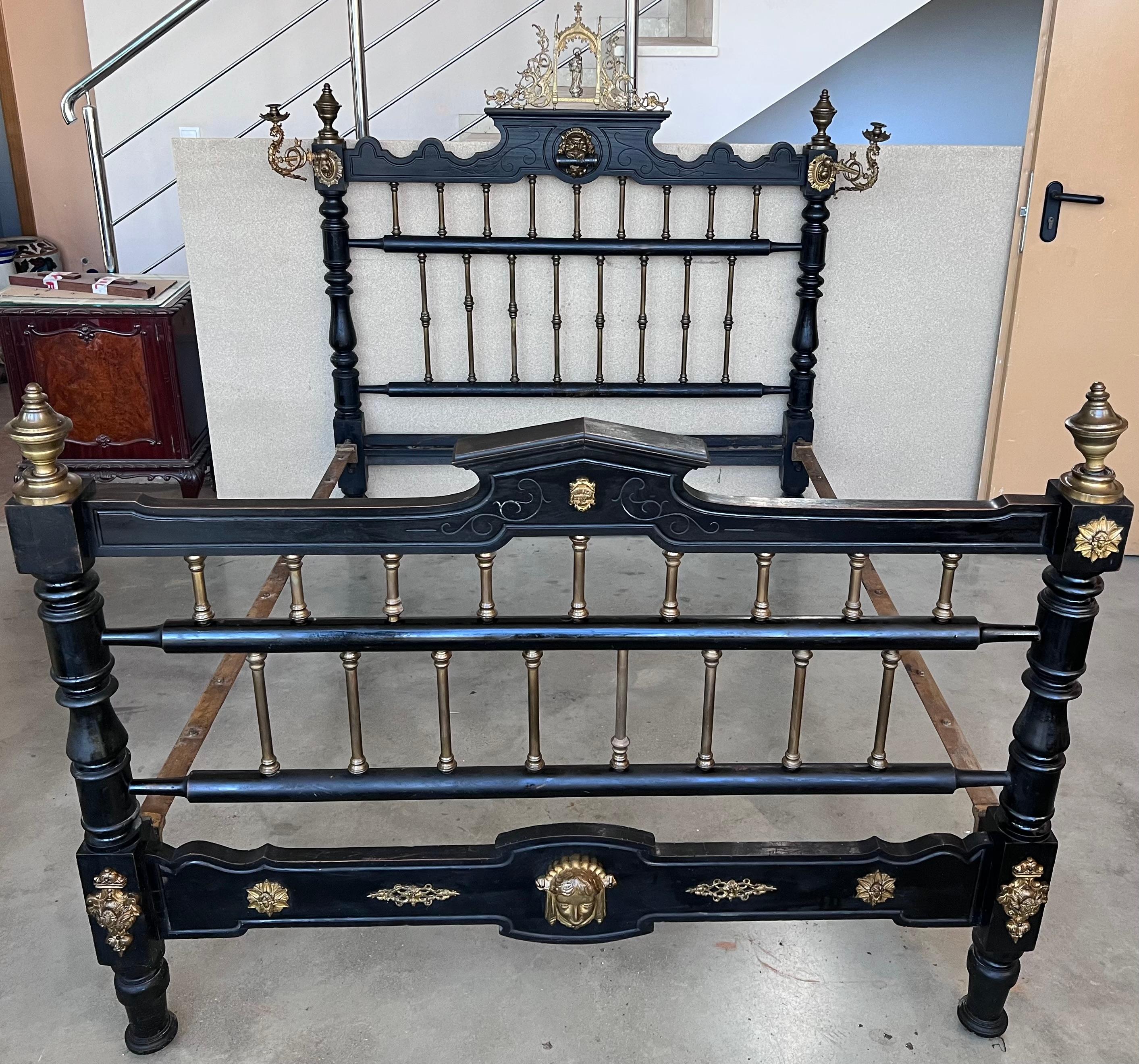 French Black Ebonized Bed with Bronze Mounts and Candle Holder , Signed In Good Condition In Miami, FL