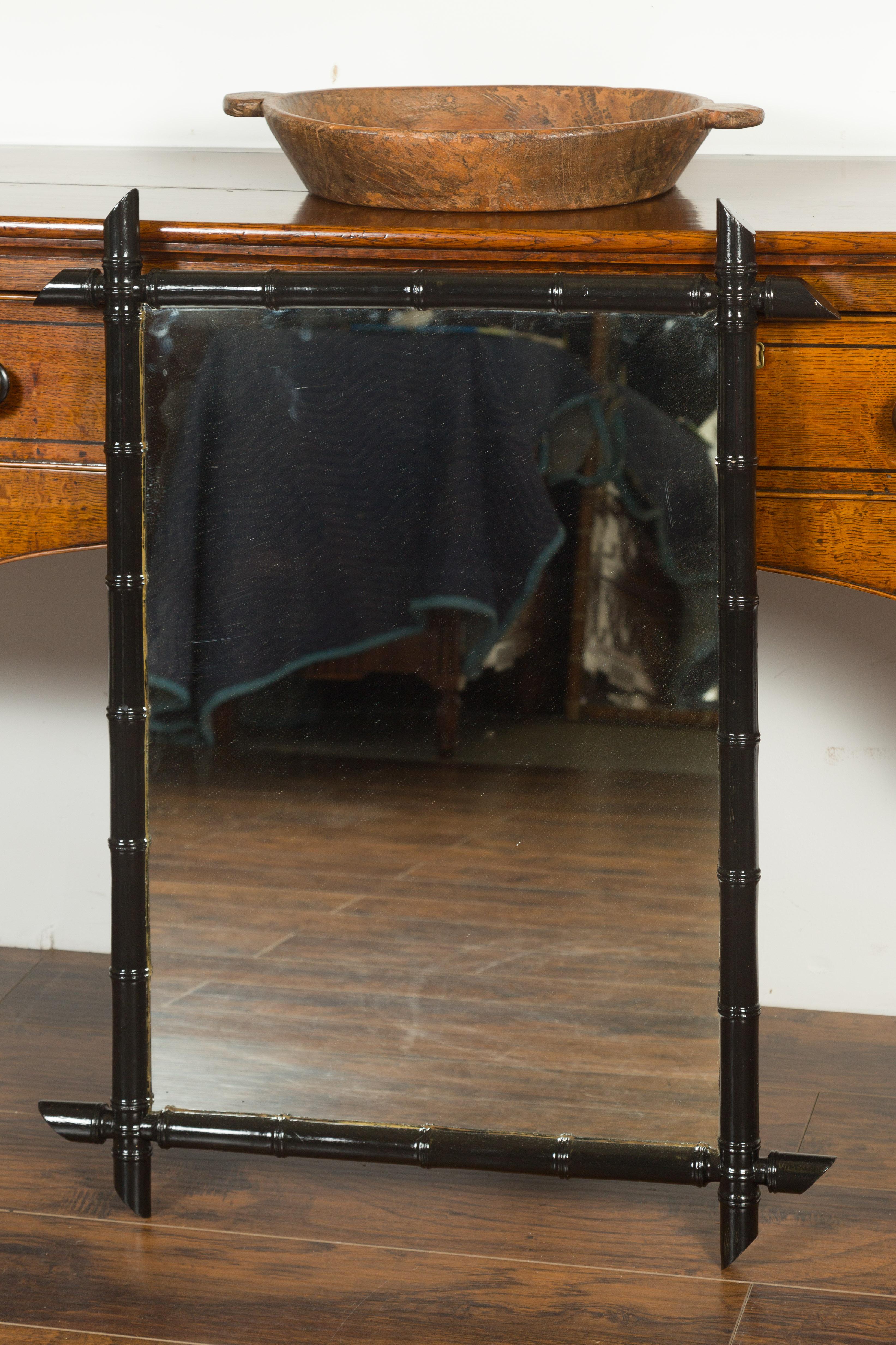 French Black Ebonized Faux Bamboo Mirror with Protruding Corners, circa 1920 3