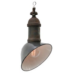 French Black Enamel Asymmetrical Vintage Industrial Cast Iron Pendant Light