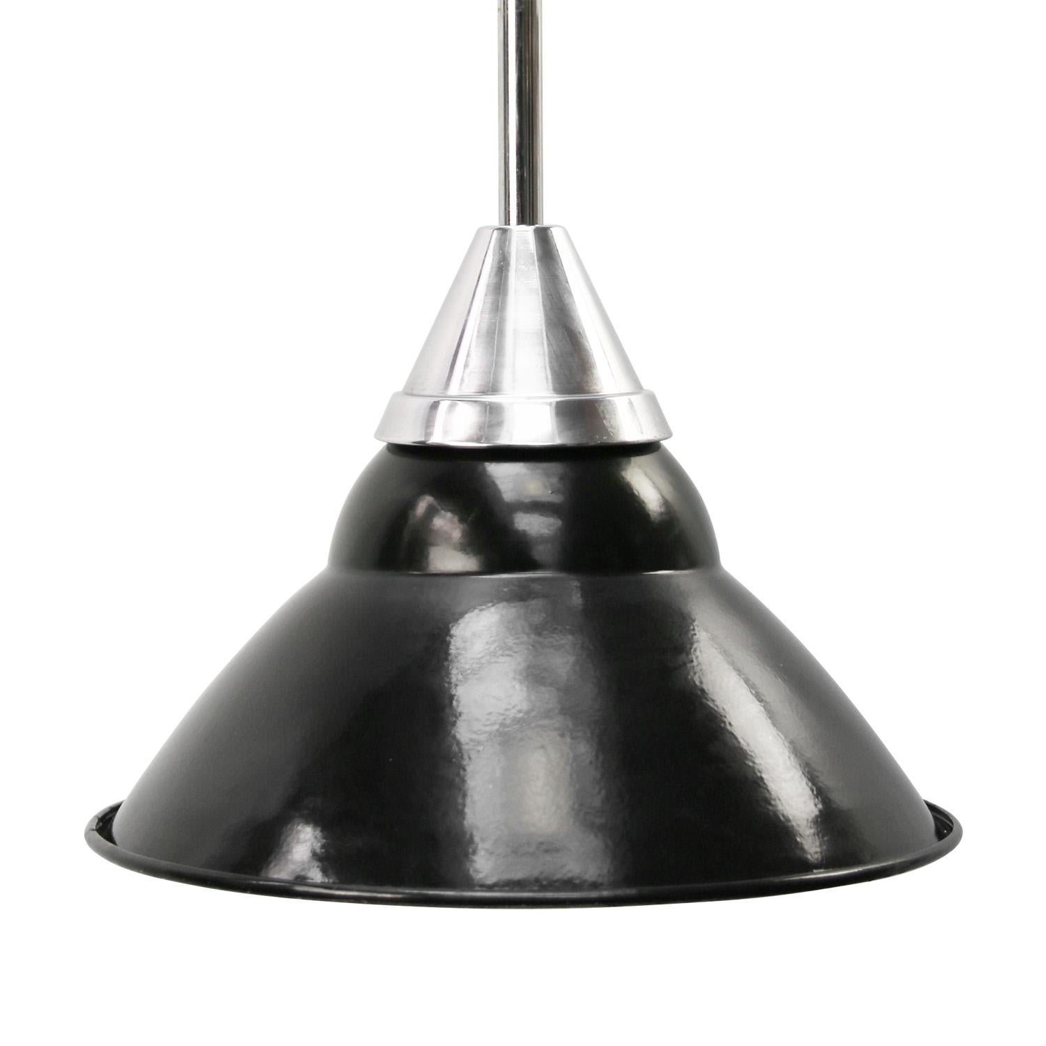 French black Industrial pendant lamp by GAL, France
Chrome top, white inside.

Weight: 1.20 kg / 2.6 lb

Priced per individual item. All lamps have been made suitable by international standards for incandescent light bulbs, energy-efficient and